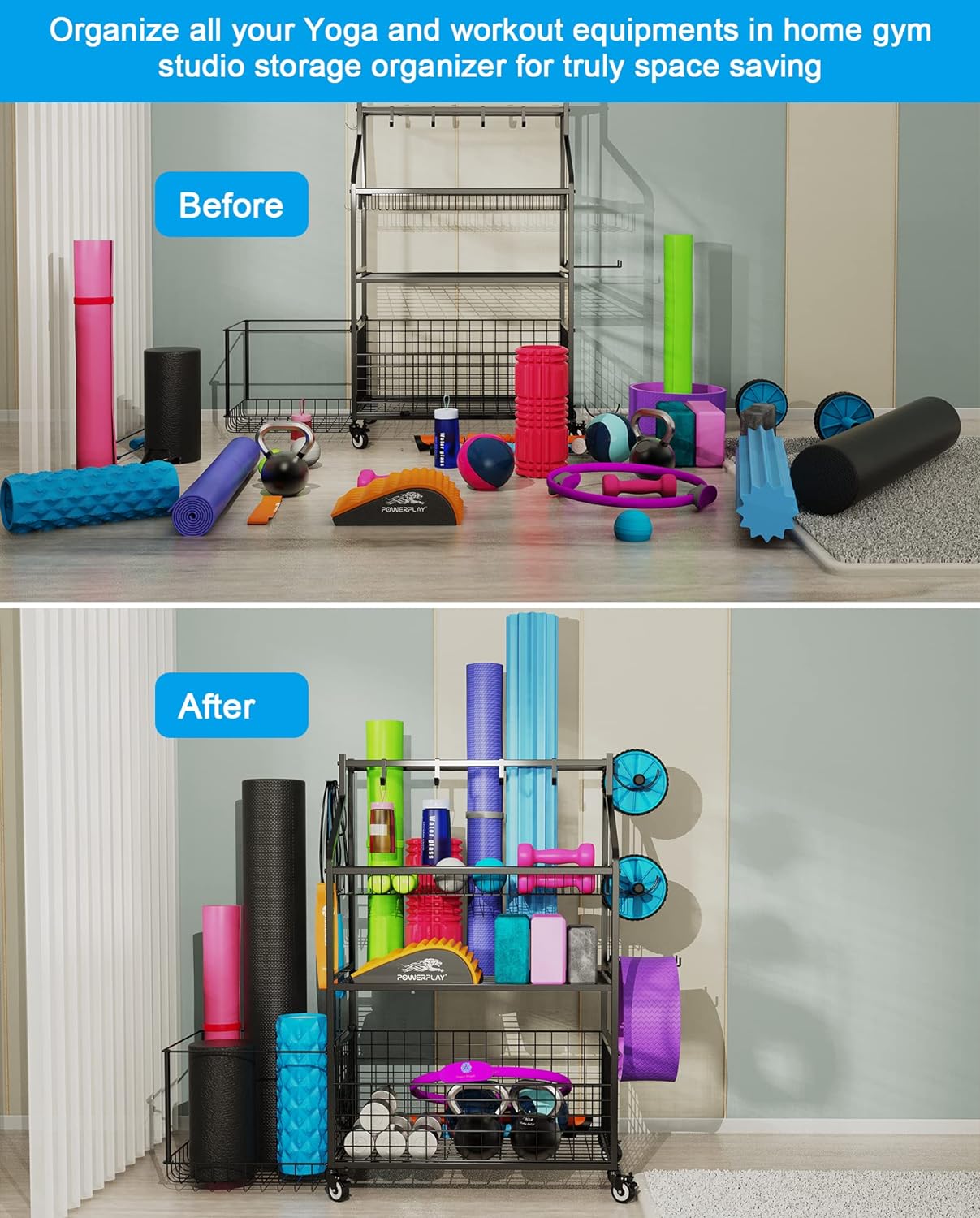 Maximize Your Workout Space with Durable Gym Storage Rack - Holds Dumbbells, Kettlebells, Yoga Mats, and More with Wheels for Easy Mobility