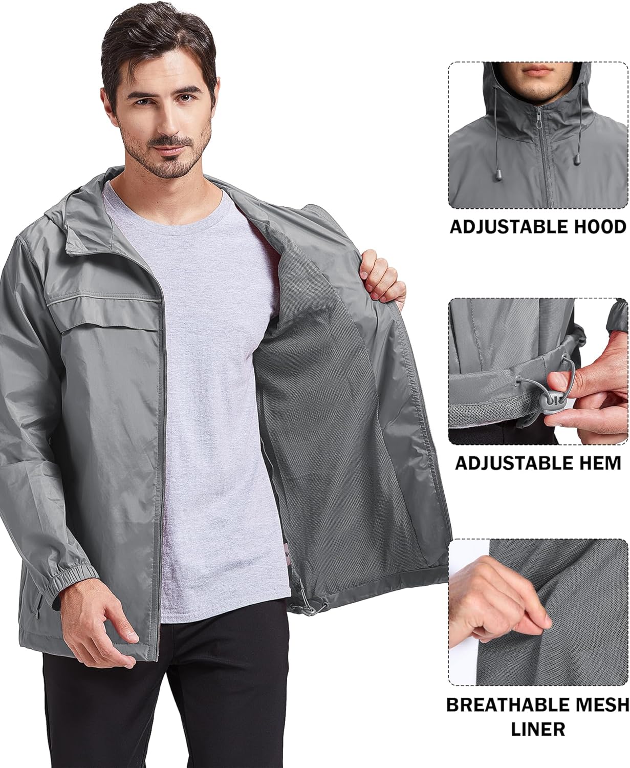 XL Gray Men's Rain Jacket - Waterproof & Windproof Outdoor Gear for Active Lifestyles