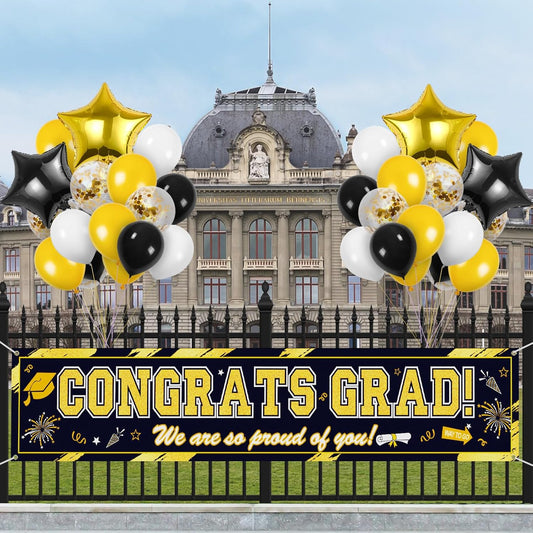 Graduation Yard Sign, Banner, & Balloons Set: Black and Gold Theme, 45 Pieces