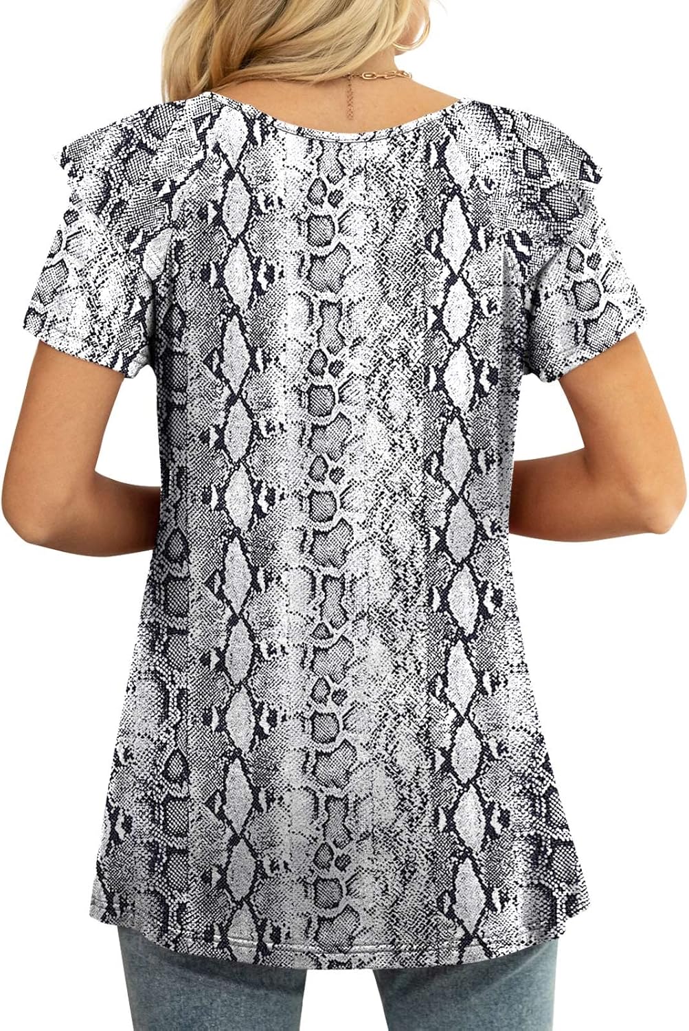 Women's Snake Print White Summer Top: Short Sleeve Ruffle V Neck - Loose Fit Blouse