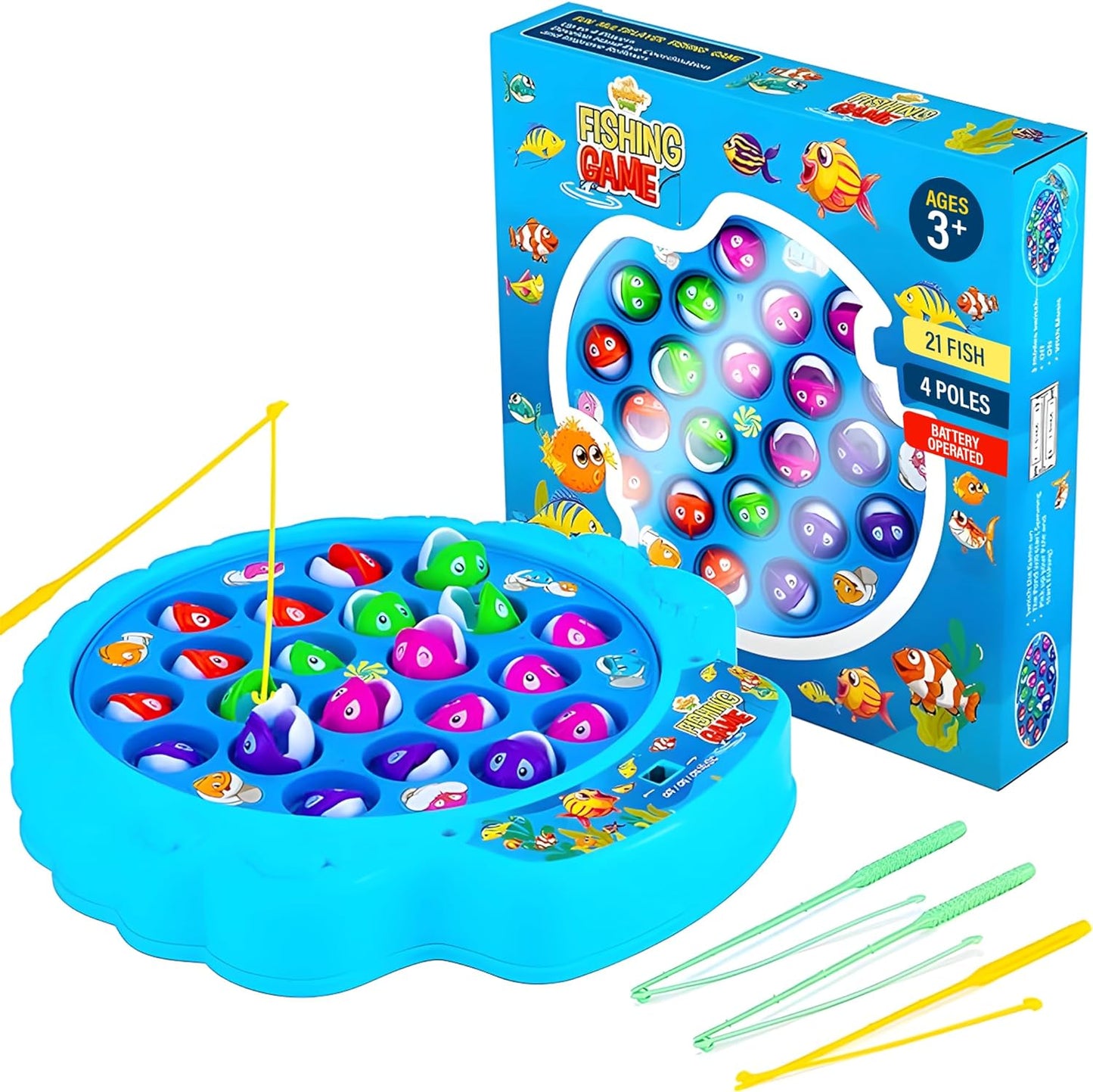 Family Fishing Game Set - 21 Fish, 4 Poles, Rotating Board - Ideal Toy for Kids 3+