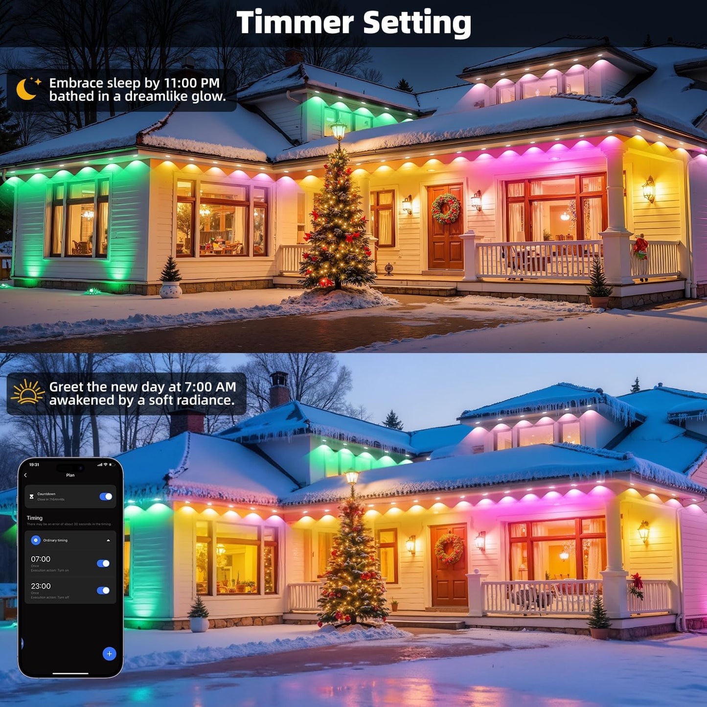 150ft Permanent Outdoor Lights with 72 RGB+IC Smart LED Eave Lighting, IP67 Waterproof, Works with Alexa and Google Assistant
