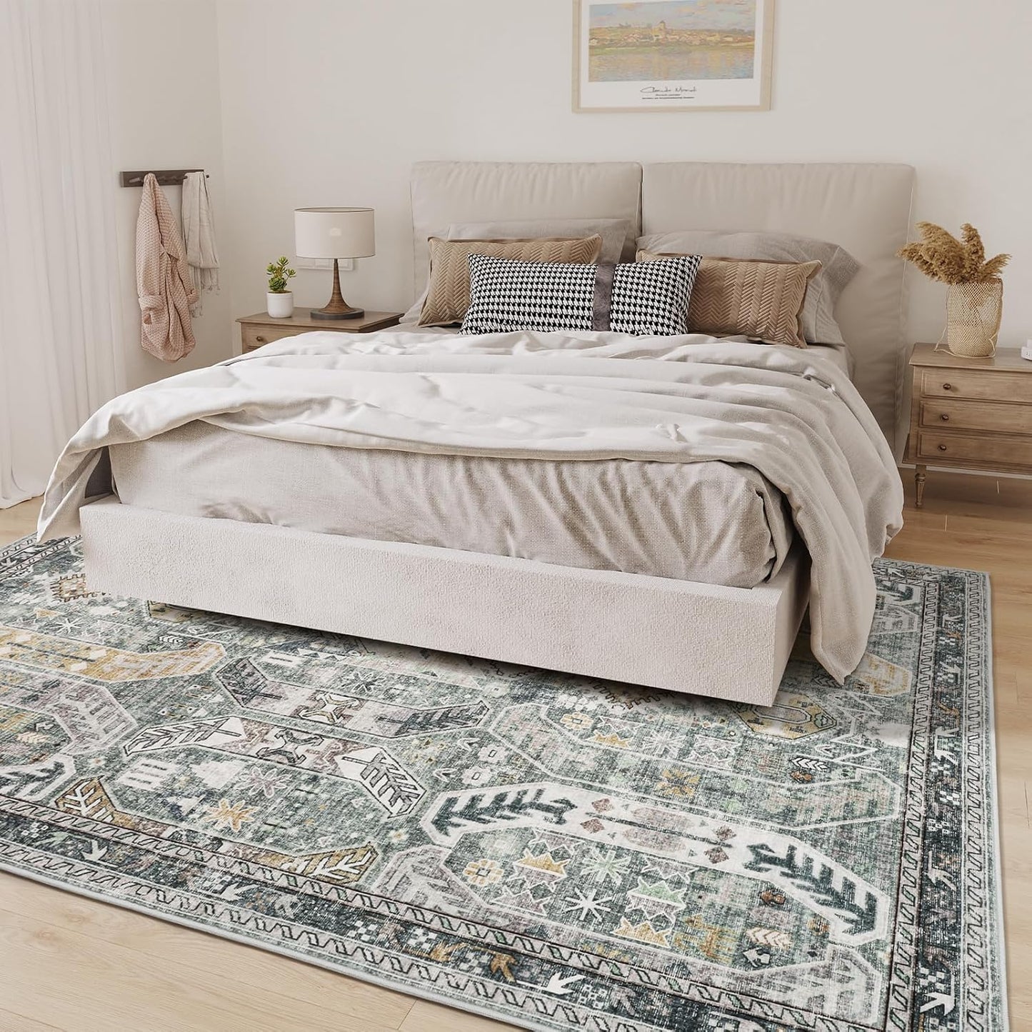 4x6 Non-Slip Washable Rug for Living Room & Bedroom, Stain Resistant & Lightweight (Green/Gold)