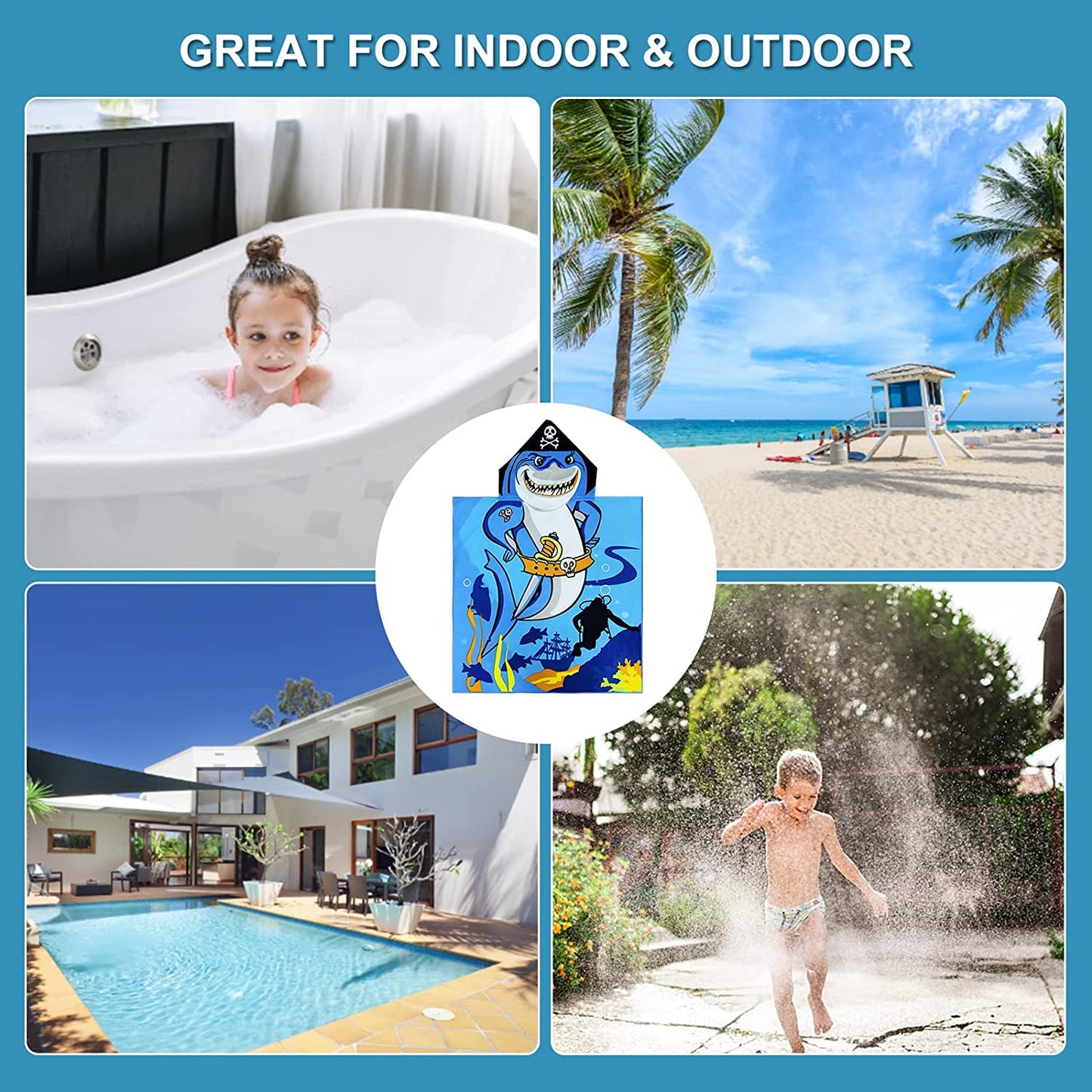 Kids 1-6 Years Hooded Pirate Shark Microfiber Beach/Swim/Pool/Bath Towel