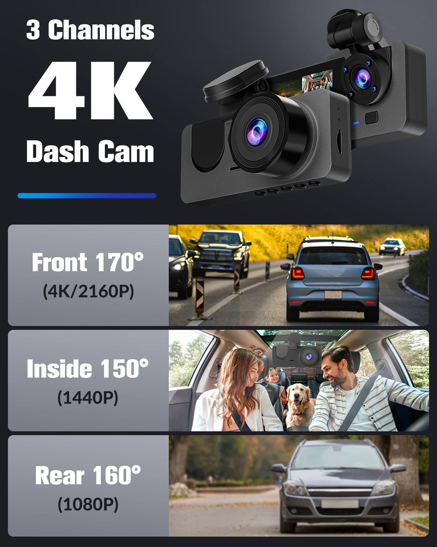 4K Full UHD 3-Channel Dash Camera for Cars, Front Rear Interior Recording, 32GB Card, Super Night Vision, 2.0 in IPS Screen, 170° Wide Angle