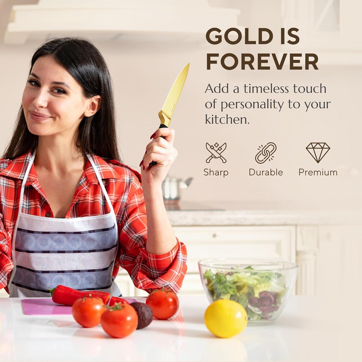 Black and Gold 7-Piece Knife Set with Clear Display Block and Sharpener