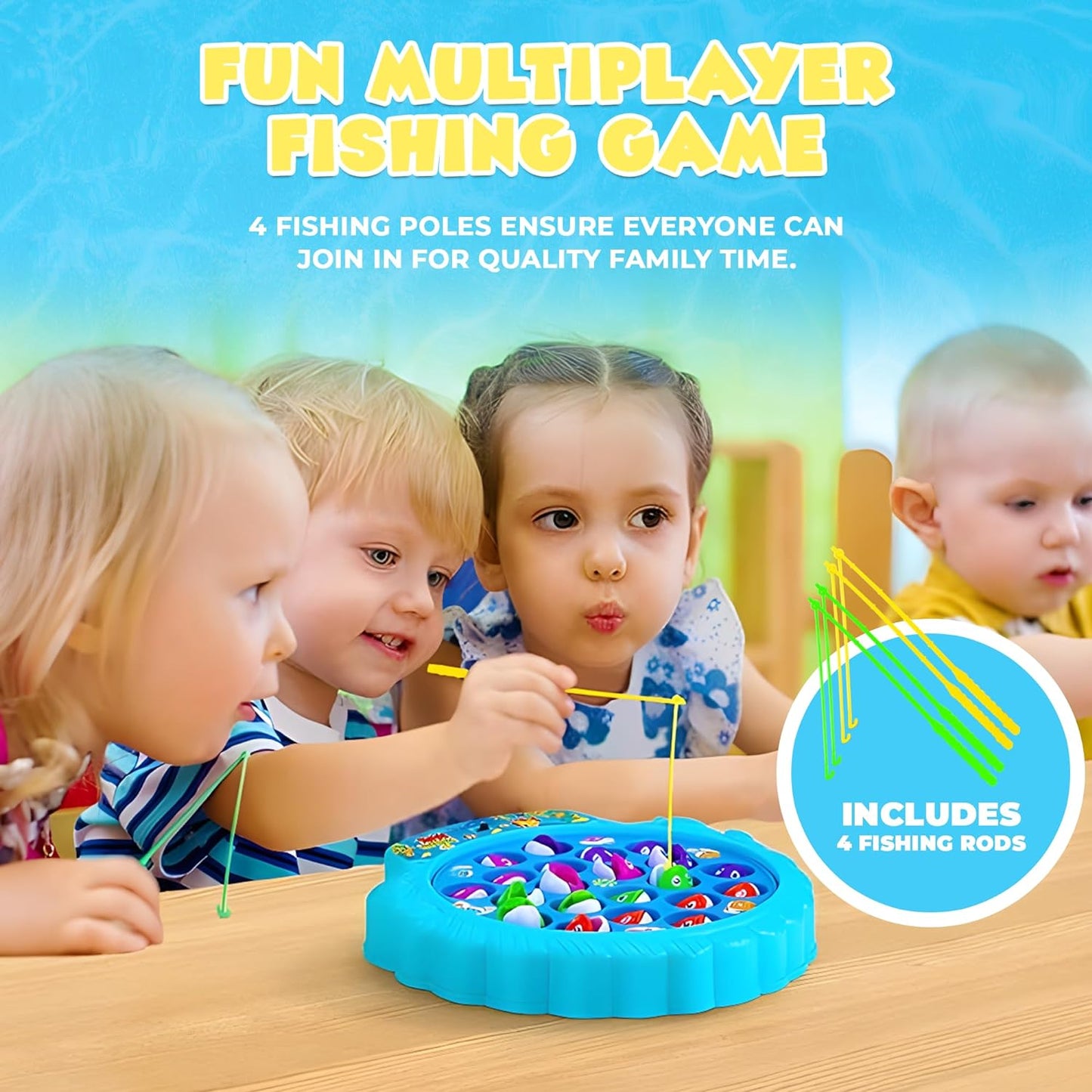 Family Fishing Game Set - 21 Fish, 4 Poles, Rotating Board - Ideal Toy for Kids 3+