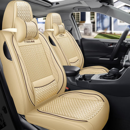 Full Set Beige Leather Car Seat Covers, Breathable and Universal Fit for Sedan, SUV, Coupe - With Lumbar Support