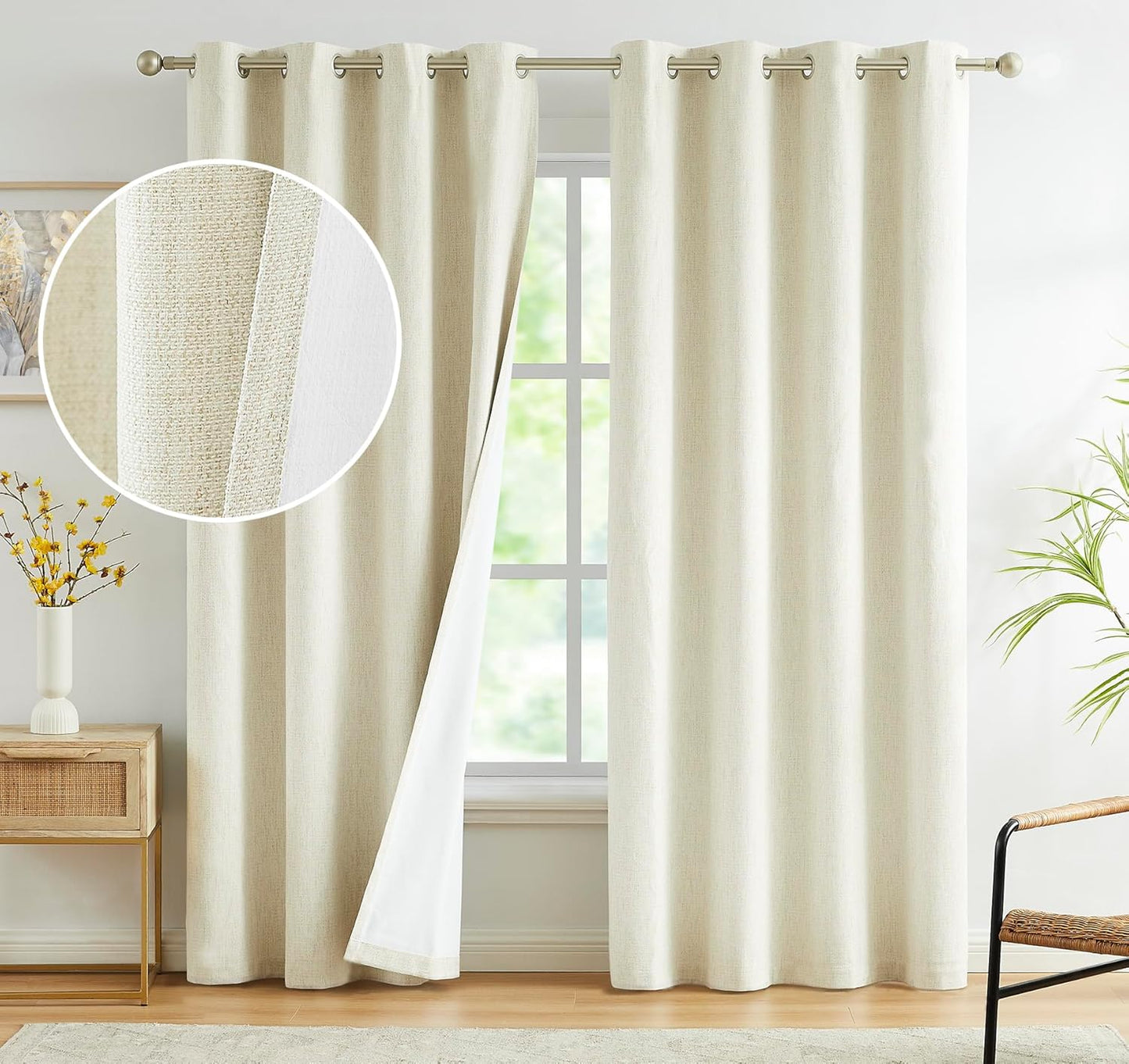 Single Panel Linen Blackout Curtain 84 Inch, Ivory - 100% UV Protection, Grommet Top