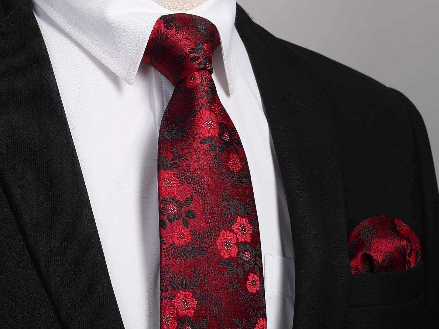 Burgundy Floral Silk Tie & Handkerchief Set for Men - Perfect for Formal Events & Holidays