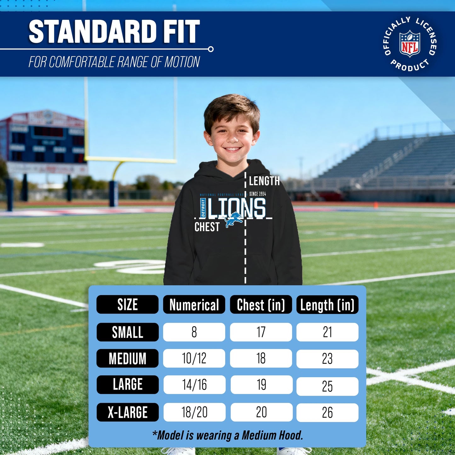 Detroit Lions Youth NFL Modern Endzone Football Fleece Hooded Pullover - Black, Size X-Large