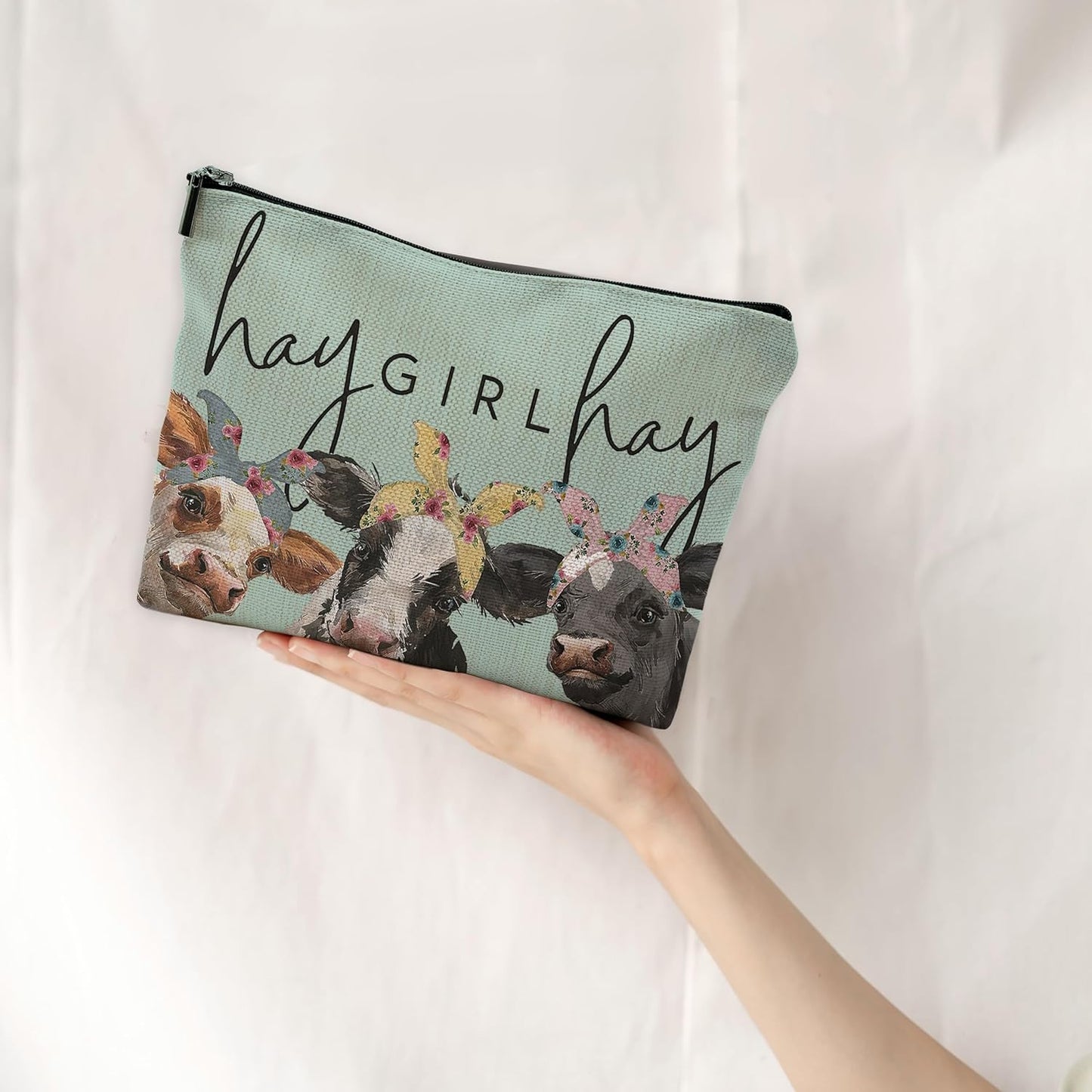 Premium Cow Print Makeup Bag for Women, Western Style Green Cosmetic Pouch – Ideal Size for Daily Use and Travel