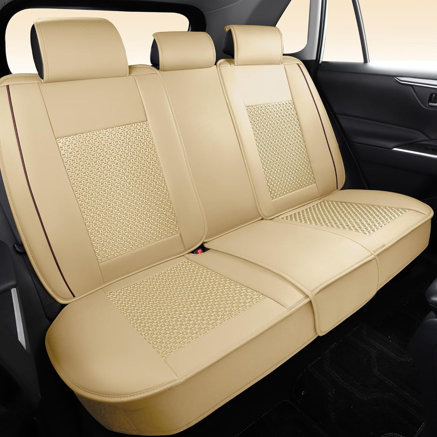 Full Set Beige Leather Car Seat Covers, Breathable and Universal Fit for Sedan, SUV, Coupe - With Lumbar Support