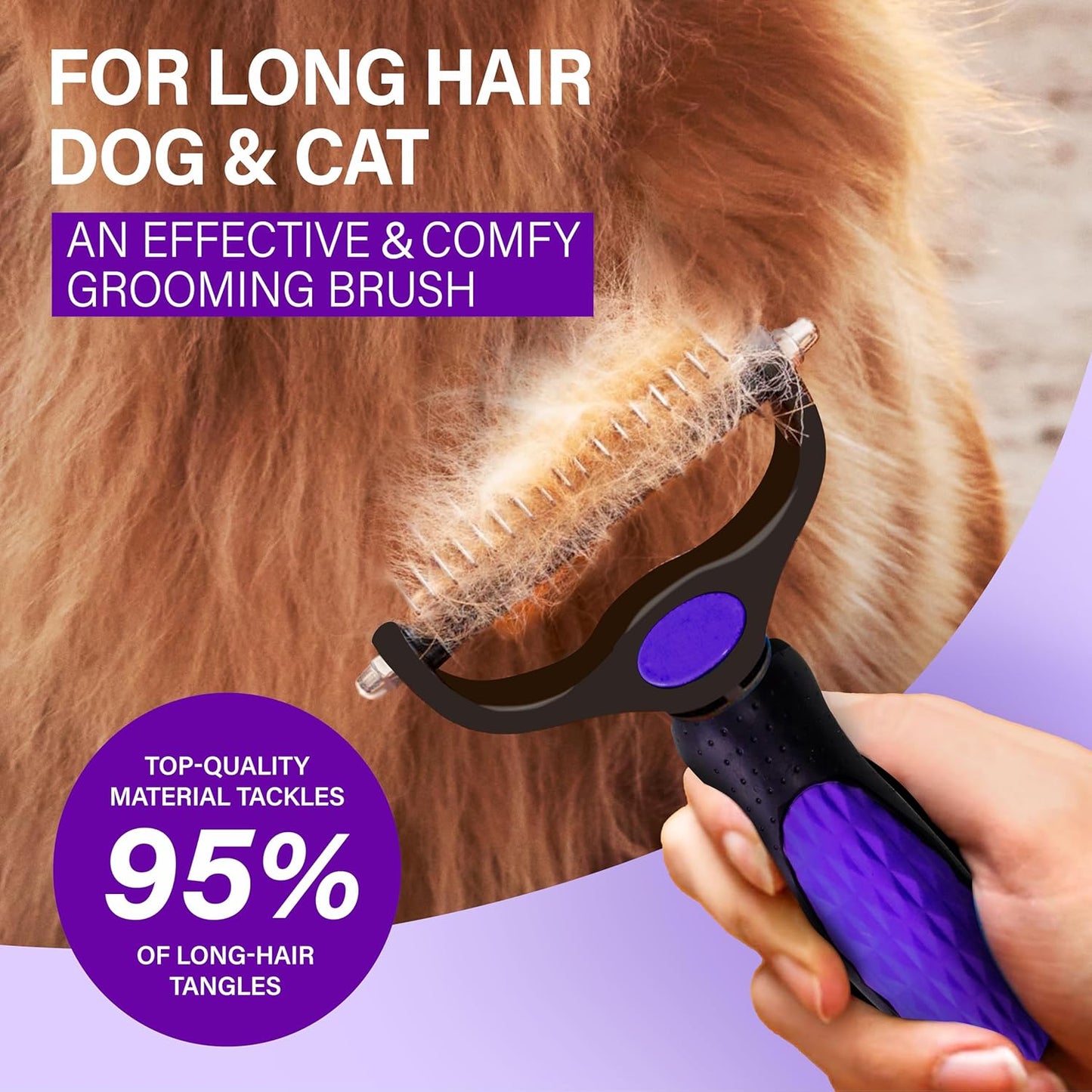 Purple Professional Pet Grooming Brush for Long-Haired Dogs & Cats, Double-Sided Stainless Steel