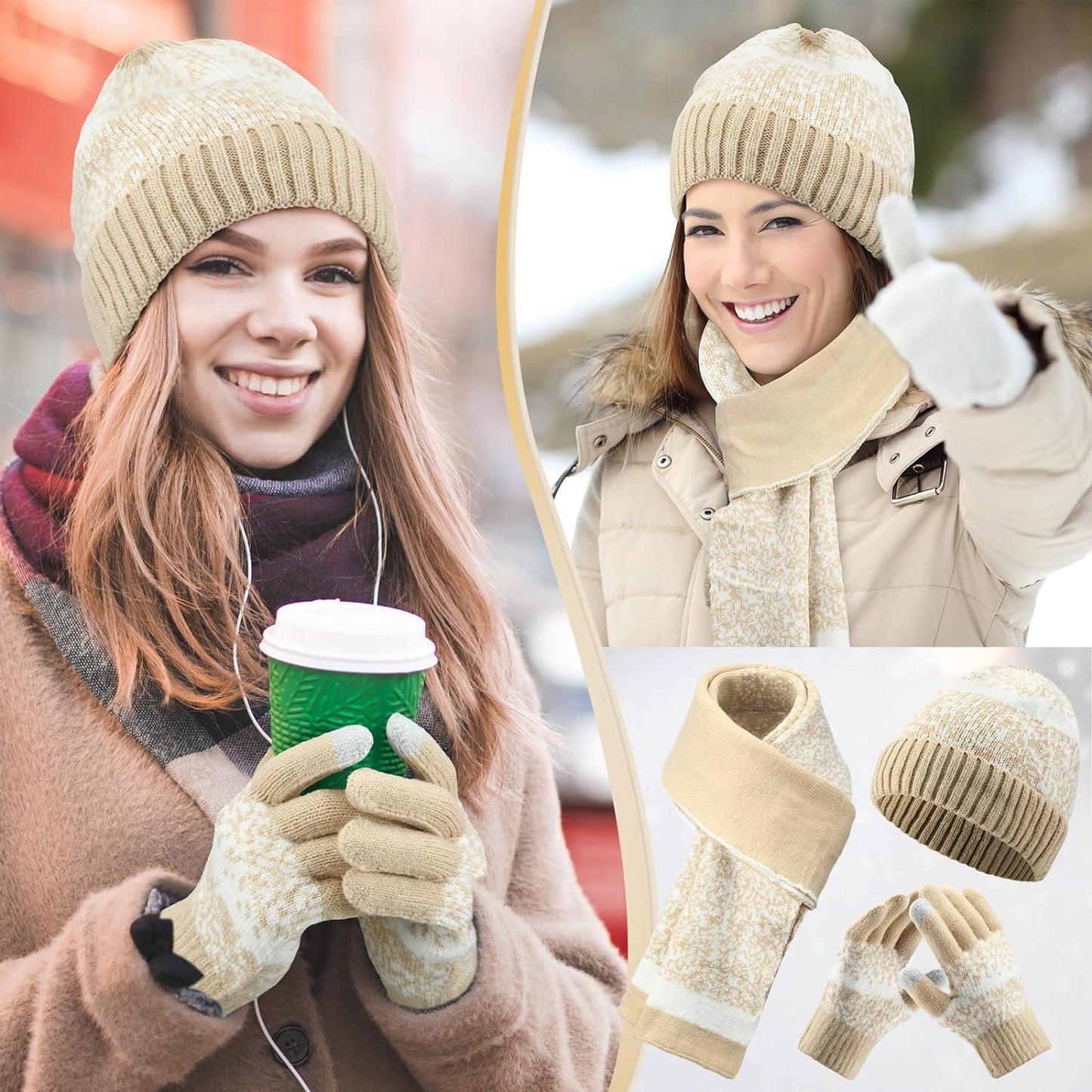 Warm Winter Accessories Set: Fleece-Lined Hats, Touchscreen Gloves & Scarves for All