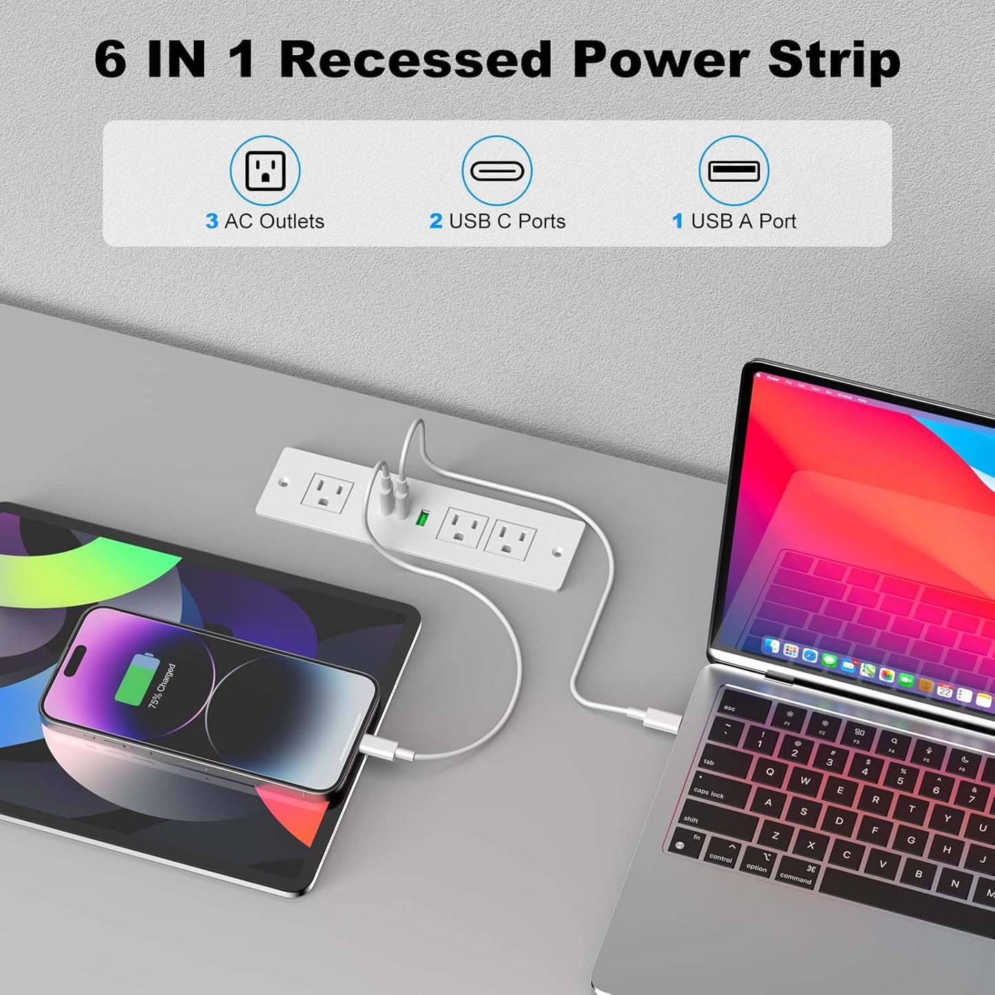 Recessed Power Strip USB C with 30W Delivery - 6FT Cable, 3 Outlets & 2 USB-C