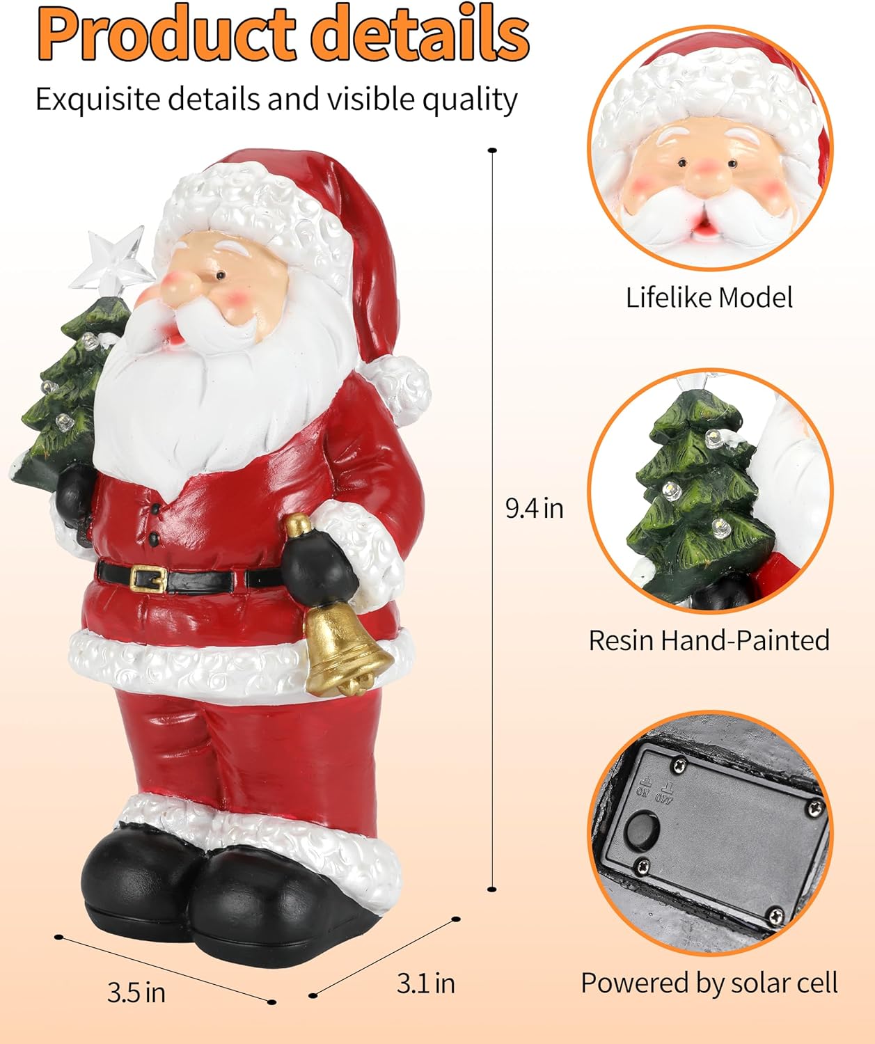 Illuminating 9.5" Resin Solar Santa Claus Statue: A Festive, Eco-Friendly Addition to Your Outdoor Christmas Display