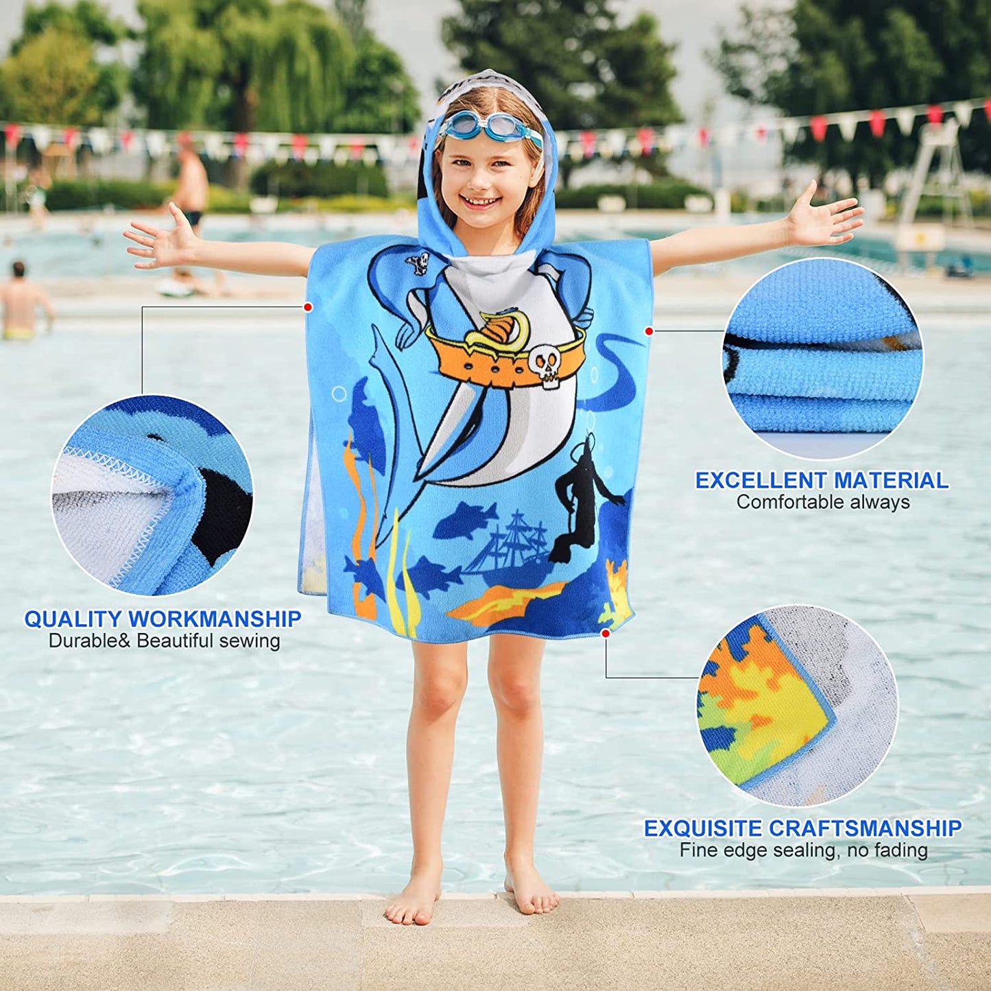 Kids 1-6 Years Hooded Pirate Shark Microfiber Beach/Swim/Pool/Bath Towel