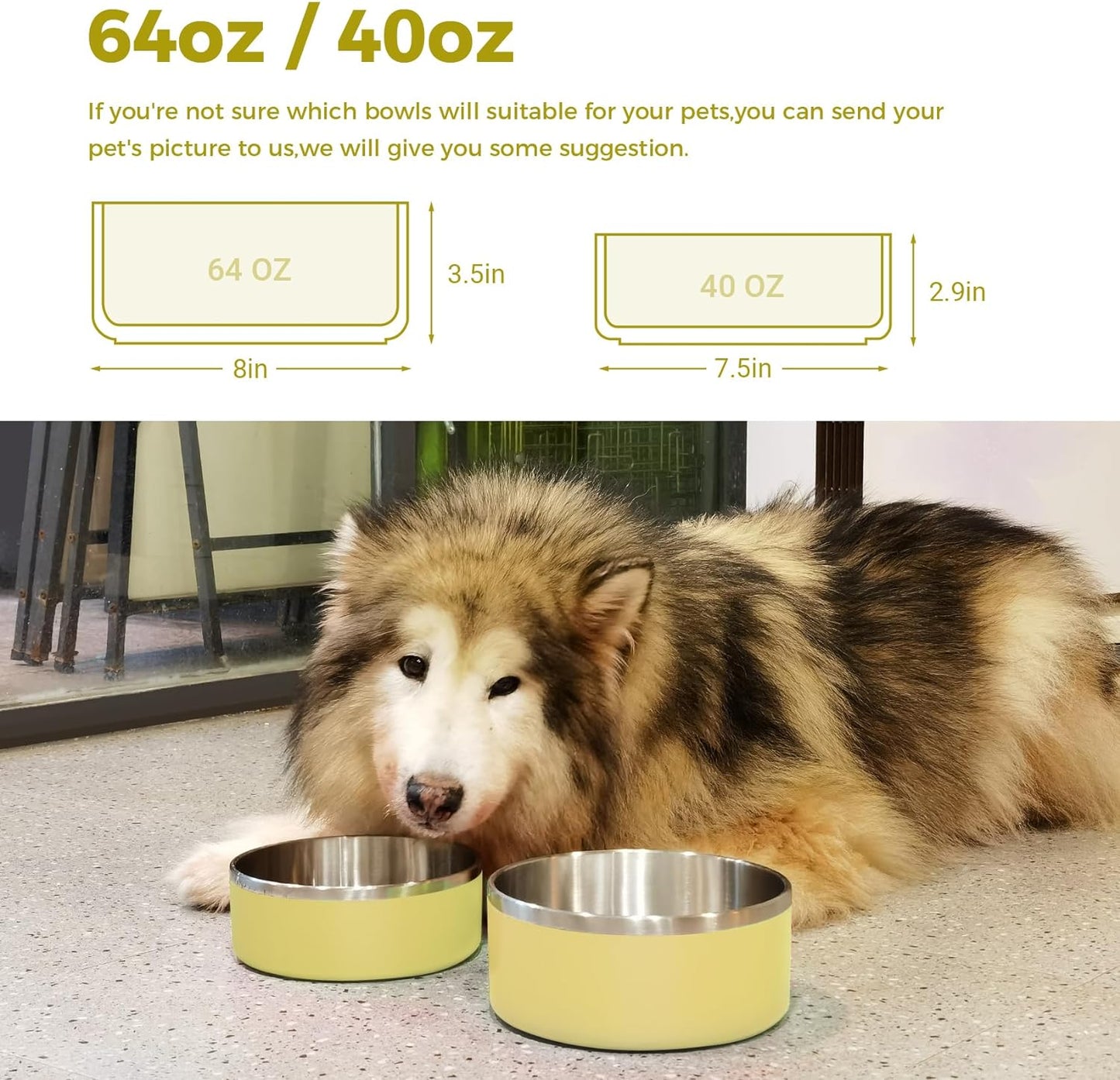Light Yellow Stainless Steel 64oz Dog Bowls for Large Dogs Non-Slip & Rustproof