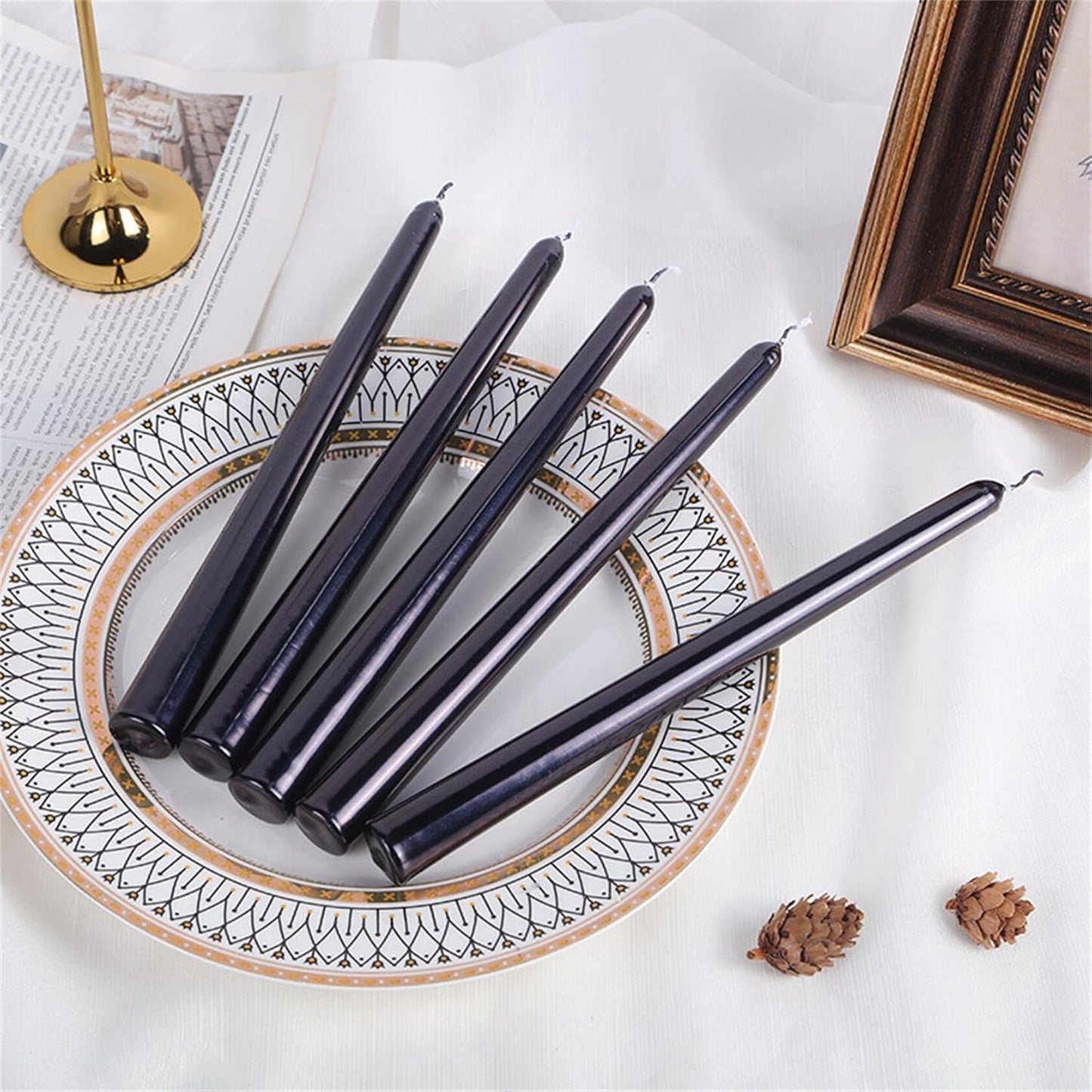 Elegant Metal Style Black Taper Candlesticks - 4 Pack, Dripless 10" Candles