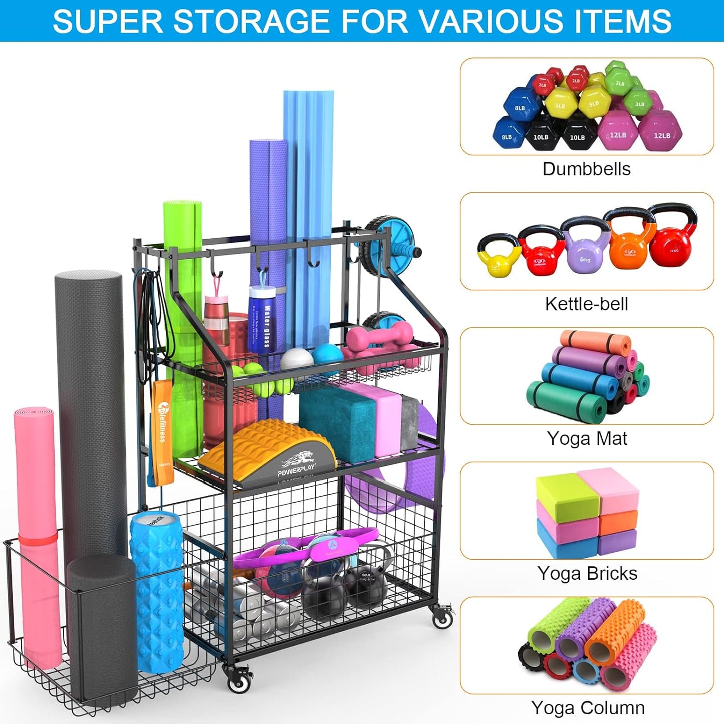 Maximize Your Workout Space with Durable Gym Storage Rack - Holds Dumbbells, Kettlebells, Yoga Mats, and More with Wheels for Easy Mobility