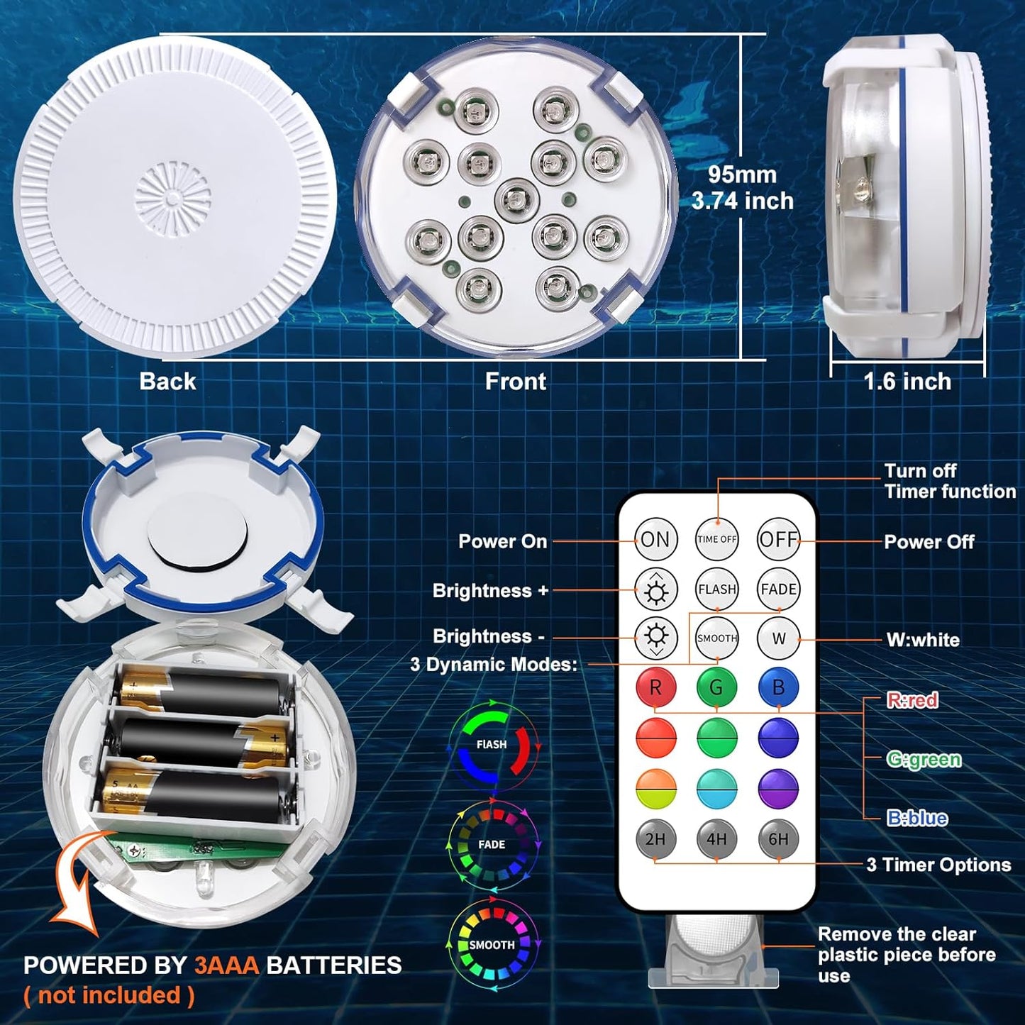 4" Submersible LED Pool Lights with Remote, 16 Colors, IP68 Waterproof - Ideal for Ponds and Fountains