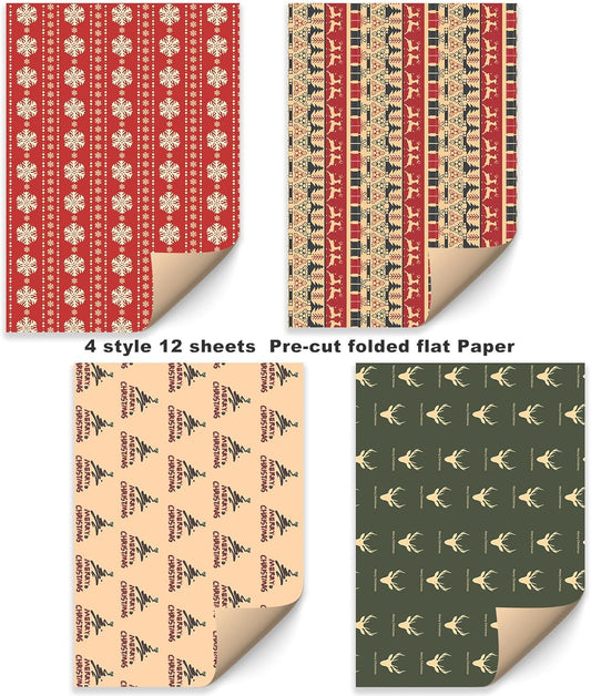 Premium Christmas Wrapping Paper Set - 12 Sheets of Kraft Paper with Festive Red & Green Designs, 20x29" Each for Holiday Gifts