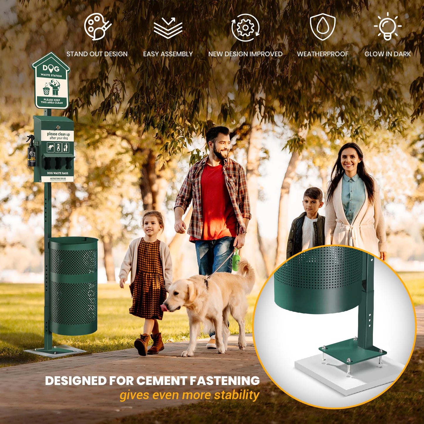 Outdoor Dog Waste Station with Hand Sanitizer Bottle, Lid Bin, Sign, 600 Roll Waste Bags, 50 Can Liners, 11.5 gal (43.5 L) Capacity