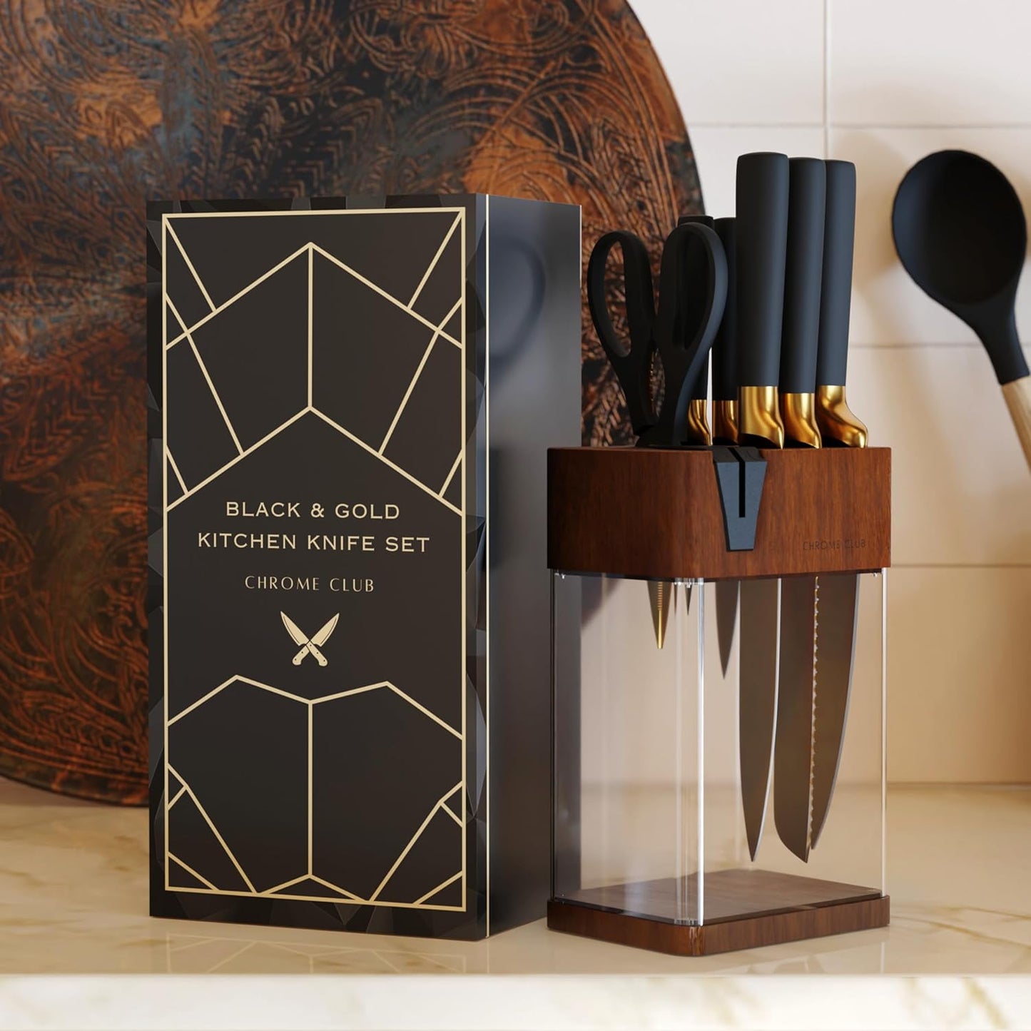 Black and Gold 7-Piece Knife Set with Clear Display Block and Sharpener
