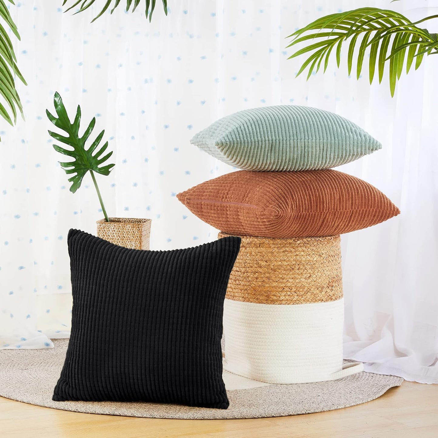 Black Corduroy Throw Pillow Covers for Fall, Striped Design - Set of 2 (18x18 Inch)