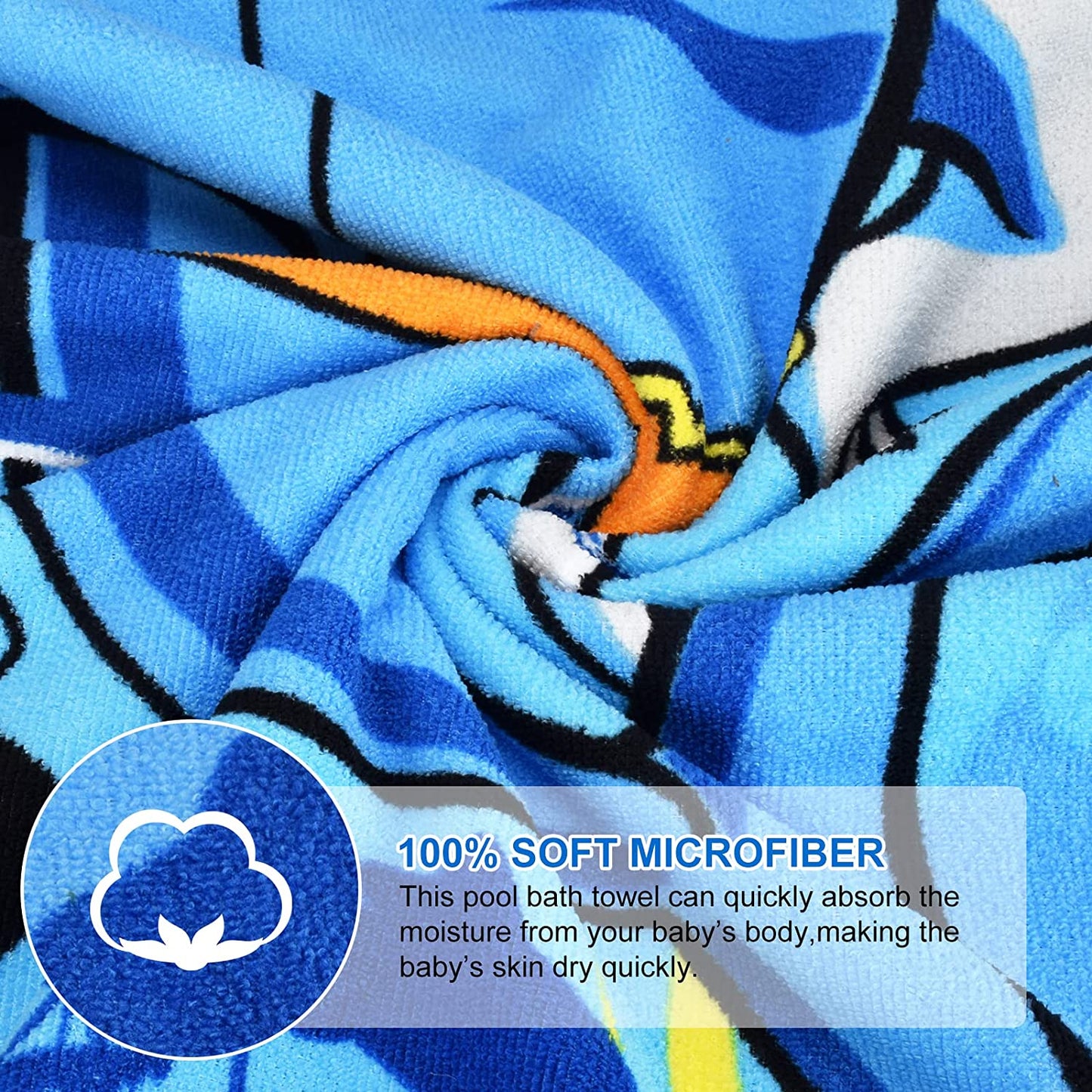 Kids 1-6 Years Hooded Pirate Shark Microfiber Beach/Swim/Pool/Bath Towel
