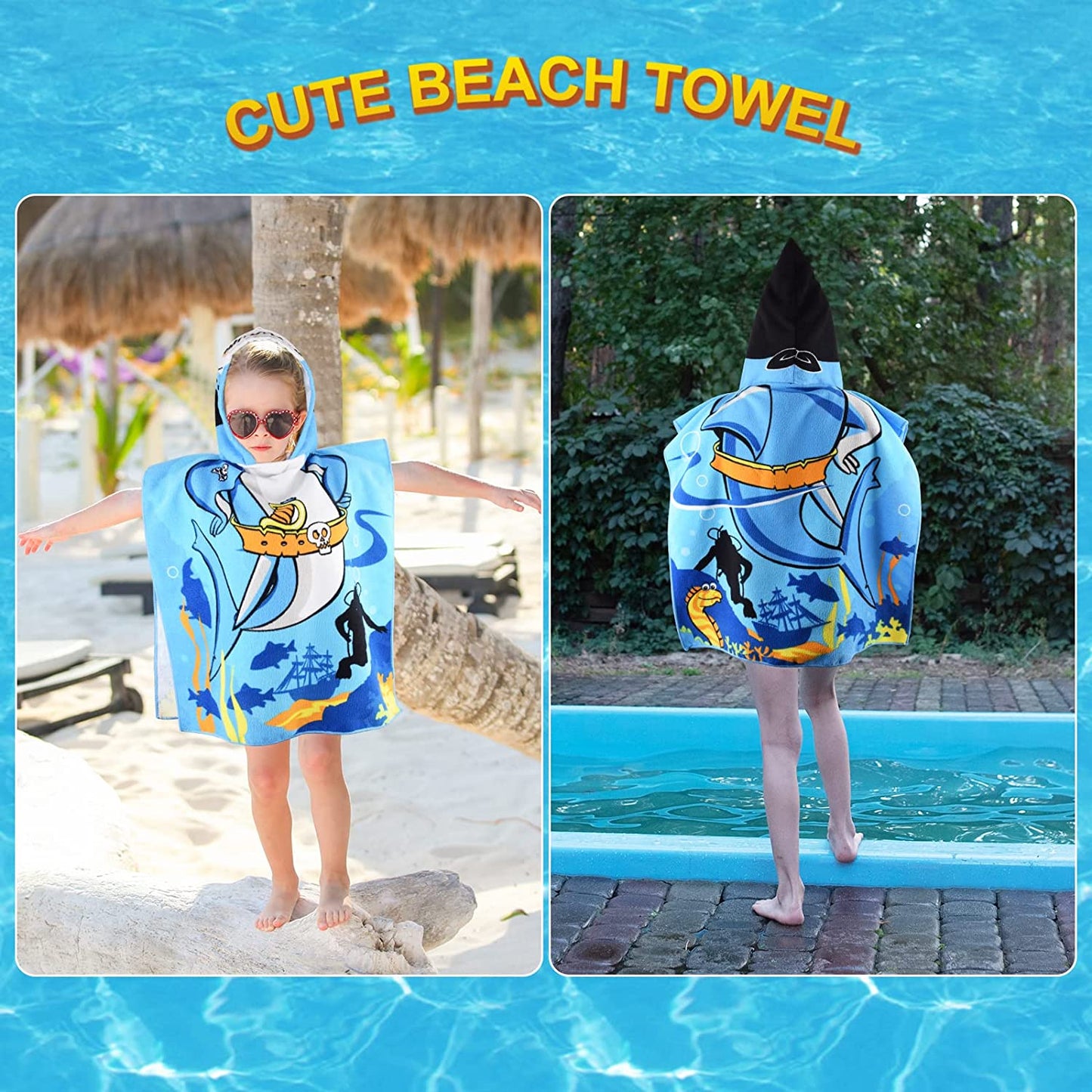 Kids 1-6 Years Hooded Pirate Shark Microfiber Beach/Swim/Pool/Bath Towel