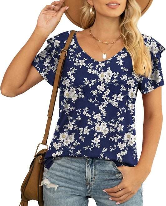Women's Navy Blue Floral V-Neck Ruffle Top, Casual & Stylish, 2XL