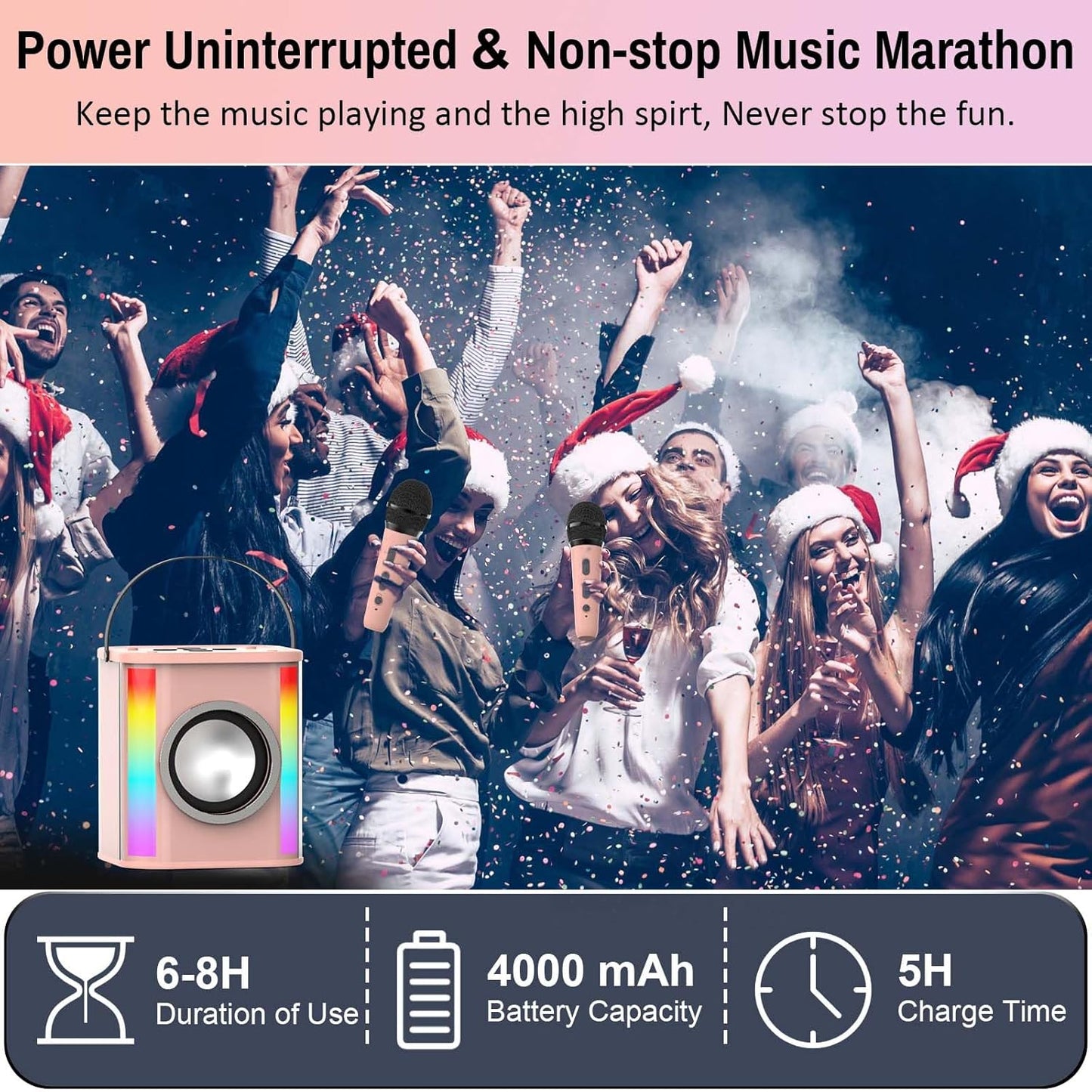 Pink Portable Bluetooth Karaoke Machine with Dynamic Lights & Dual Wireless Mics - Ideal for Home Parties