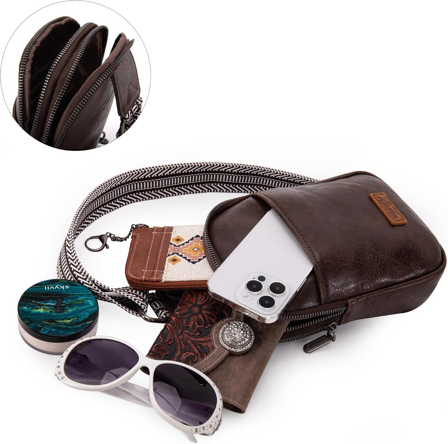 Vegan Leather Crossbody Sling Bag for Women - Perfect for Travel & Everyday Use, Western Design, B-Coffee