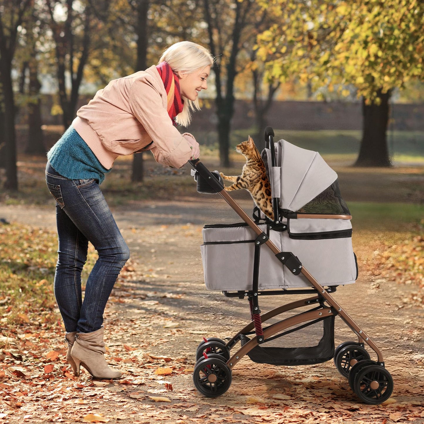 3-in-1 Foldable Pet Stroller for Medium Dogs and Cats up to 50 lbs - Detachable Carrier and Car Seat with Storage Basket - All-Terrain Jogging Stroller, Grey