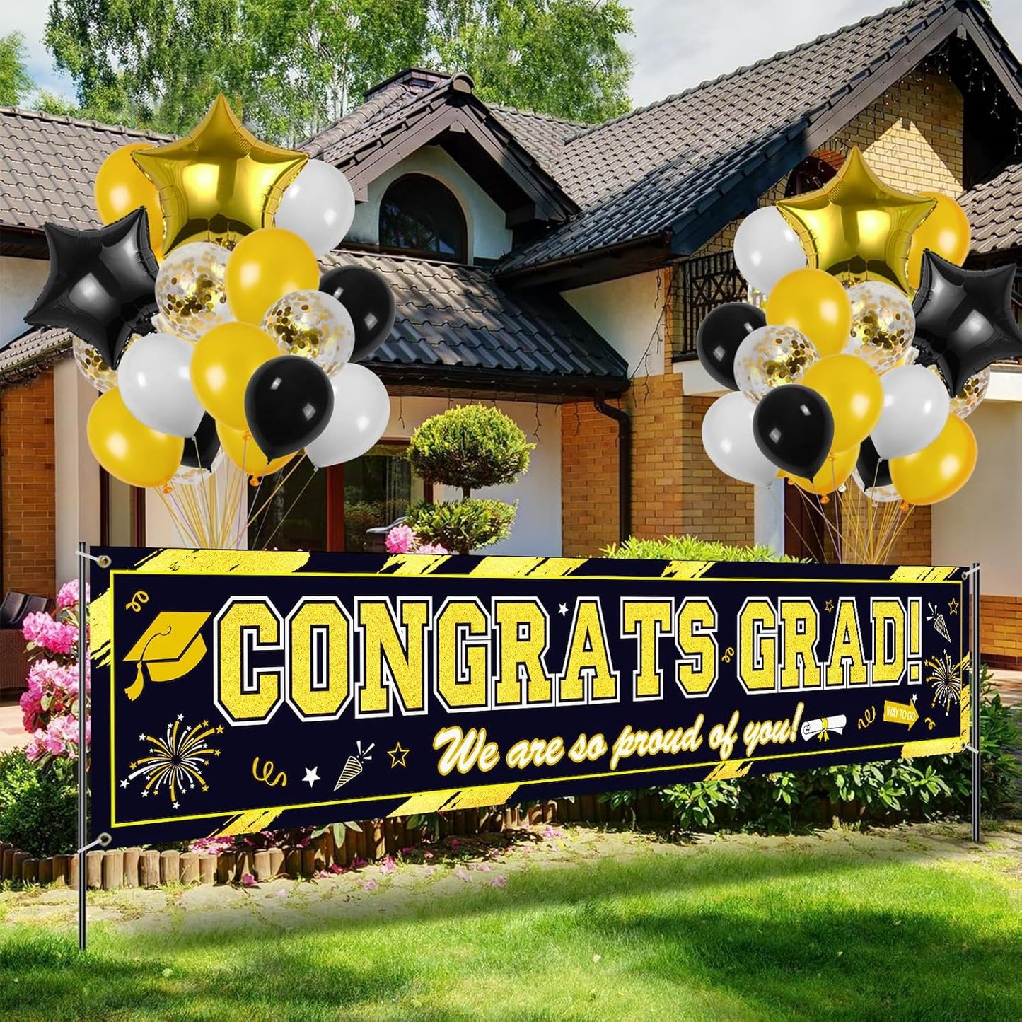 Graduation Yard Sign, Banner, & Balloons Set: Black and Gold Theme, 45 Pieces