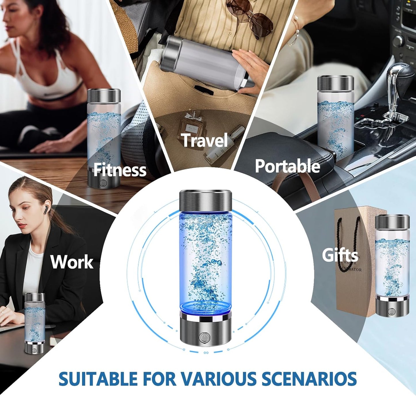 Hydrogen Water Bottle Generator with SPE/PEM Tech for Home, Office, and Travel