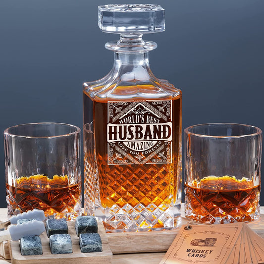 "World's Best Husband" 26oz Crystal Whiskey Decanter Set w/ 2 Whiskey Glasses