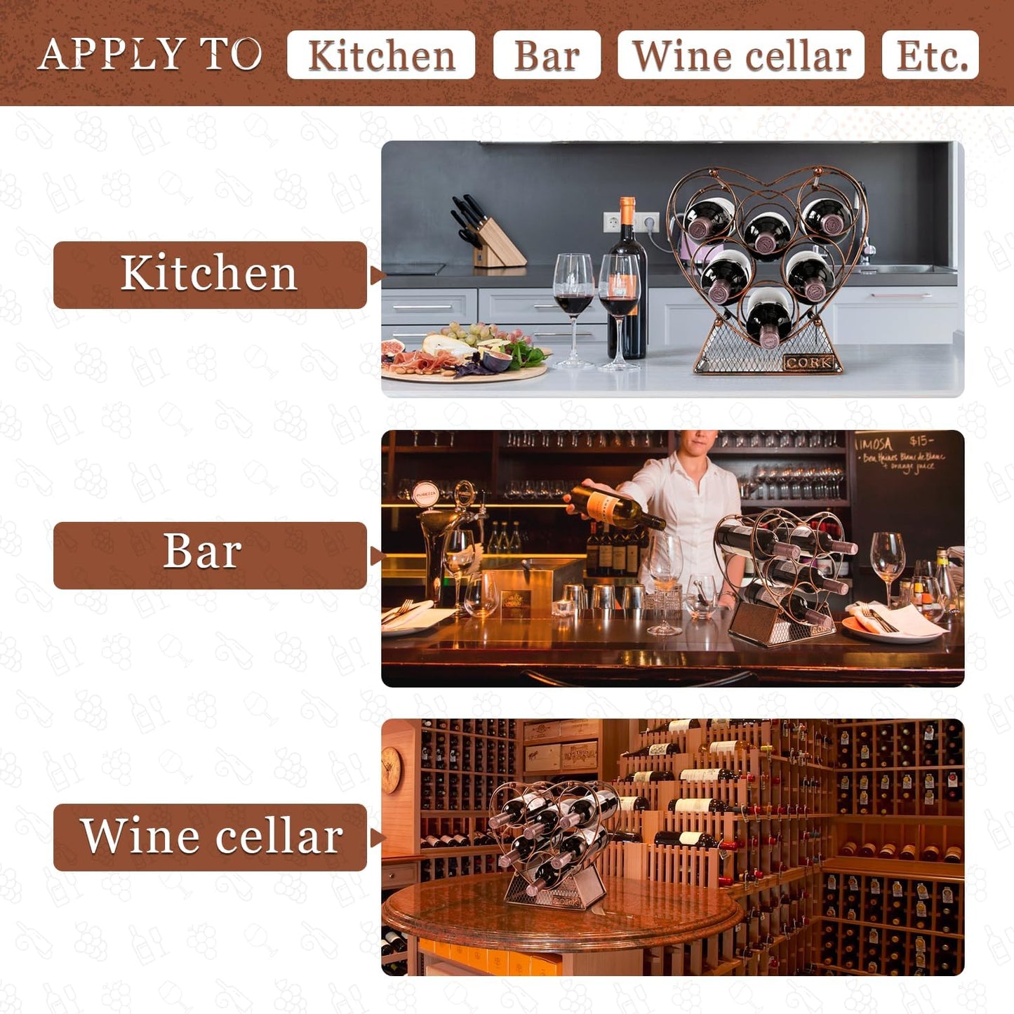 Heart Shape Metal Wine Rack for 7 Bottles - Perfect for Tabletop and Cabinet Storage