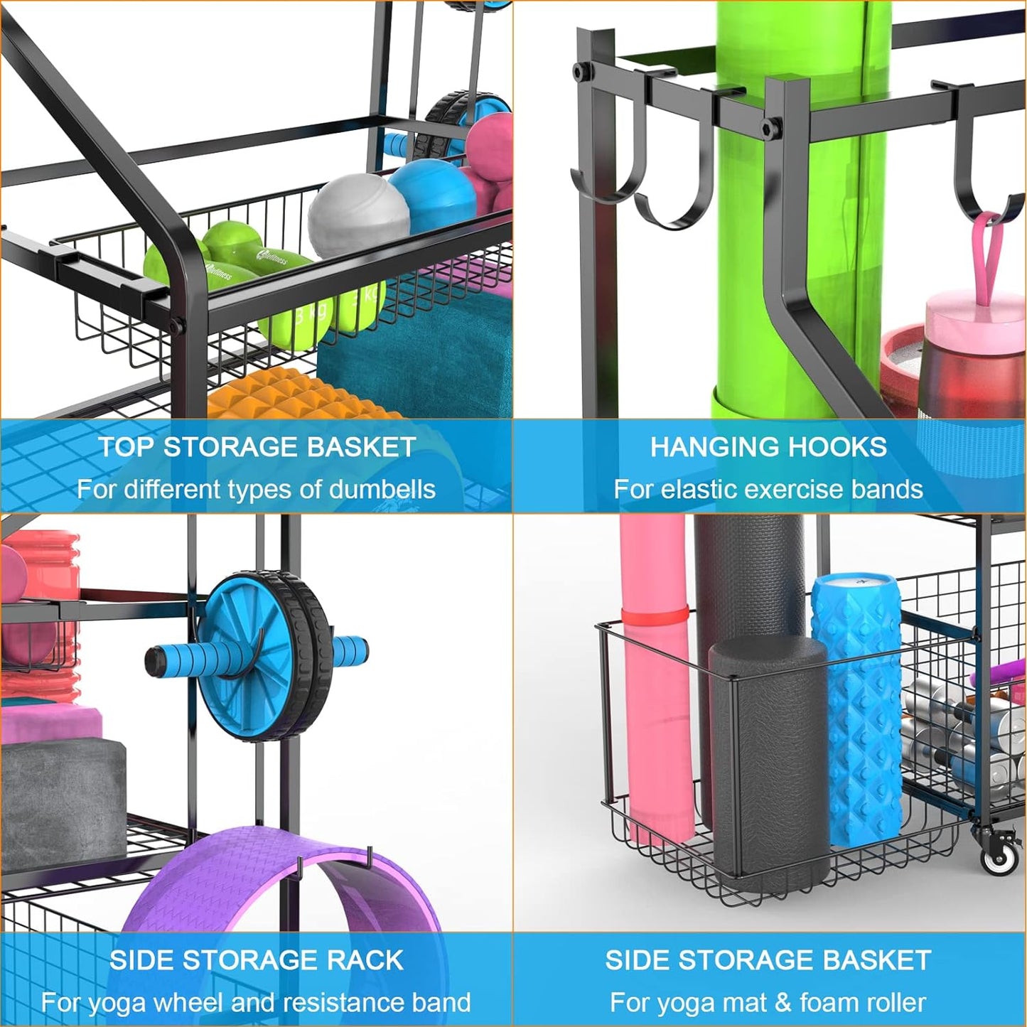 Maximize Your Workout Space with Durable Gym Storage Rack - Holds Dumbbells, Kettlebells, Yoga Mats, and More with Wheels for Easy Mobility