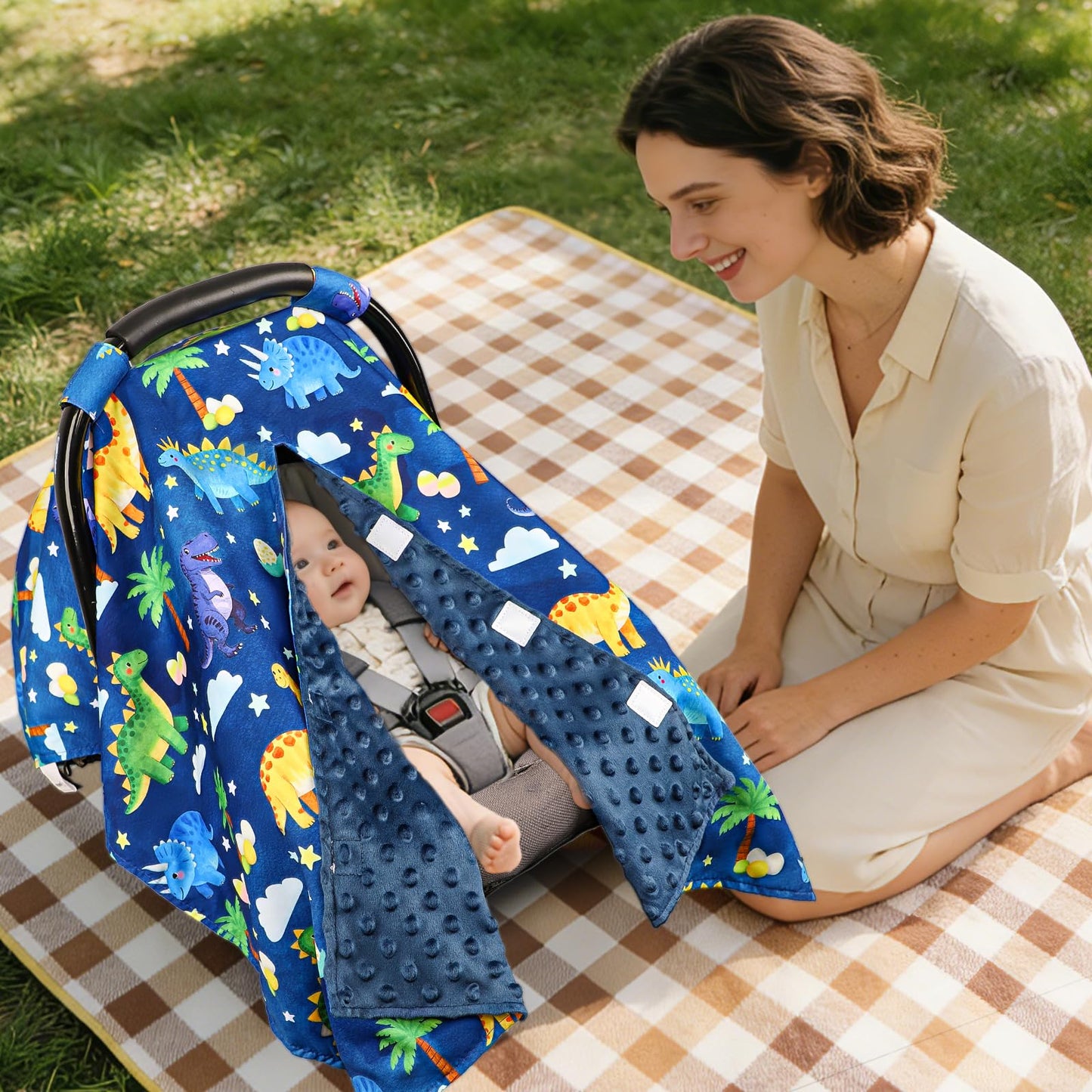 Dinosaur Baby Car Seat Cover with Peekaboo Opening - Warm Minky Canopy for Infants