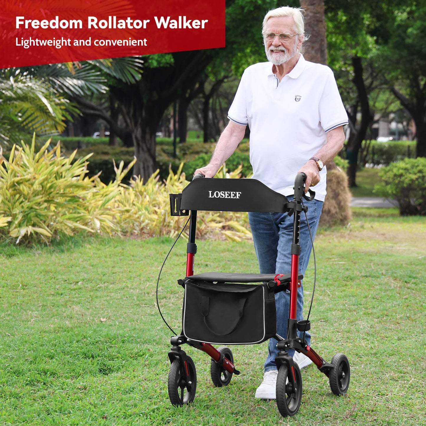 Portable Folding Walker with Mesh Seat, 350lb Capacity, 10-Inch Wheels - Red