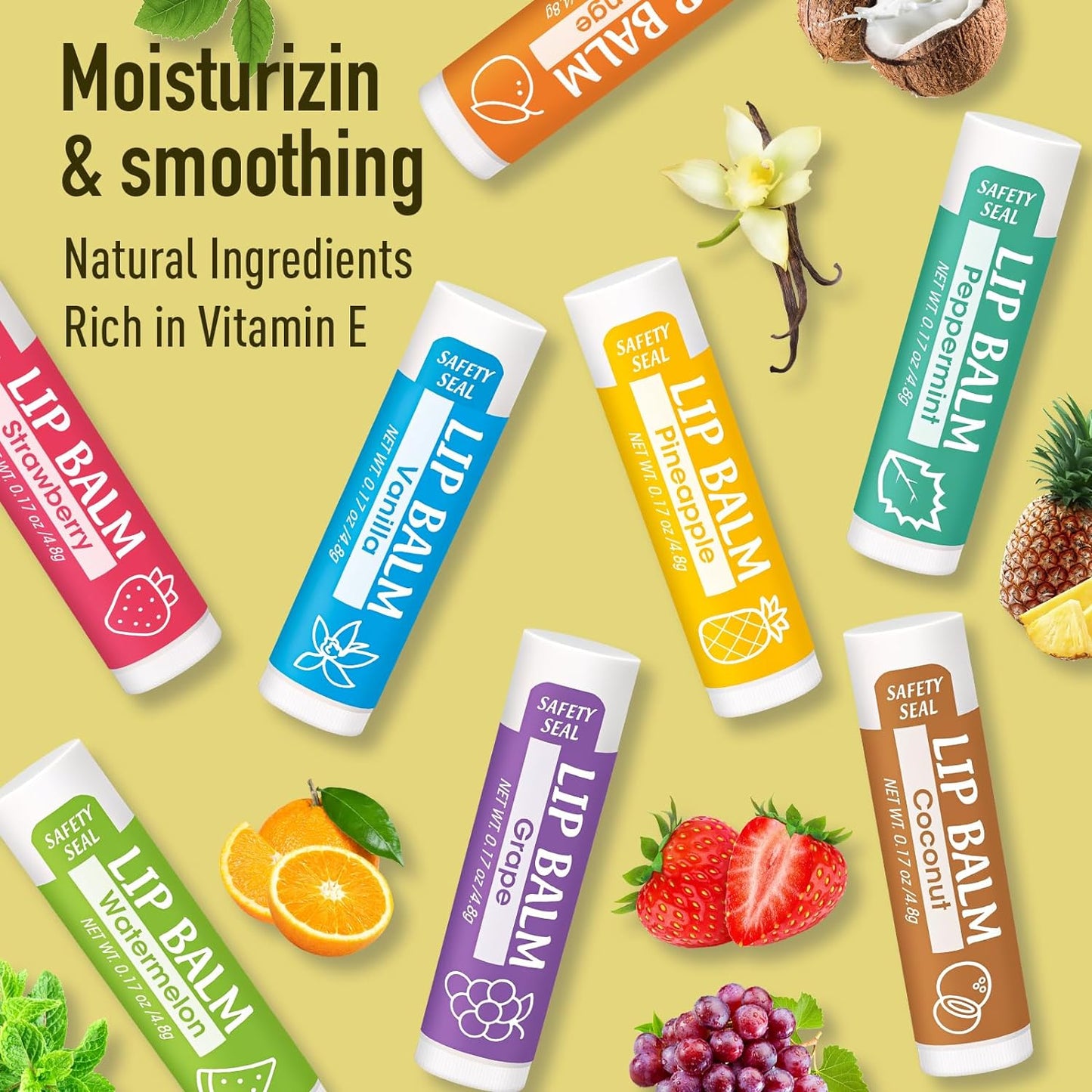Lip Balm 8-Pack with Natural Ingredients, Vitamin E & Coconut Oil - Perfect for Dry Lips & Gift Giving