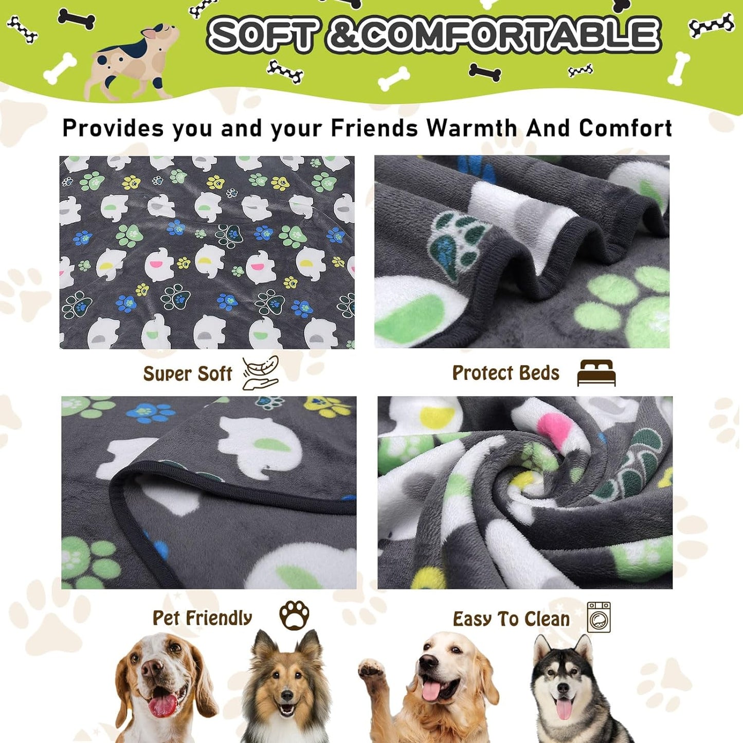 Premium Dog Blanket for Large Dogs, Flannel Elephant & Paw Print, 60x50" - Pet Comfort