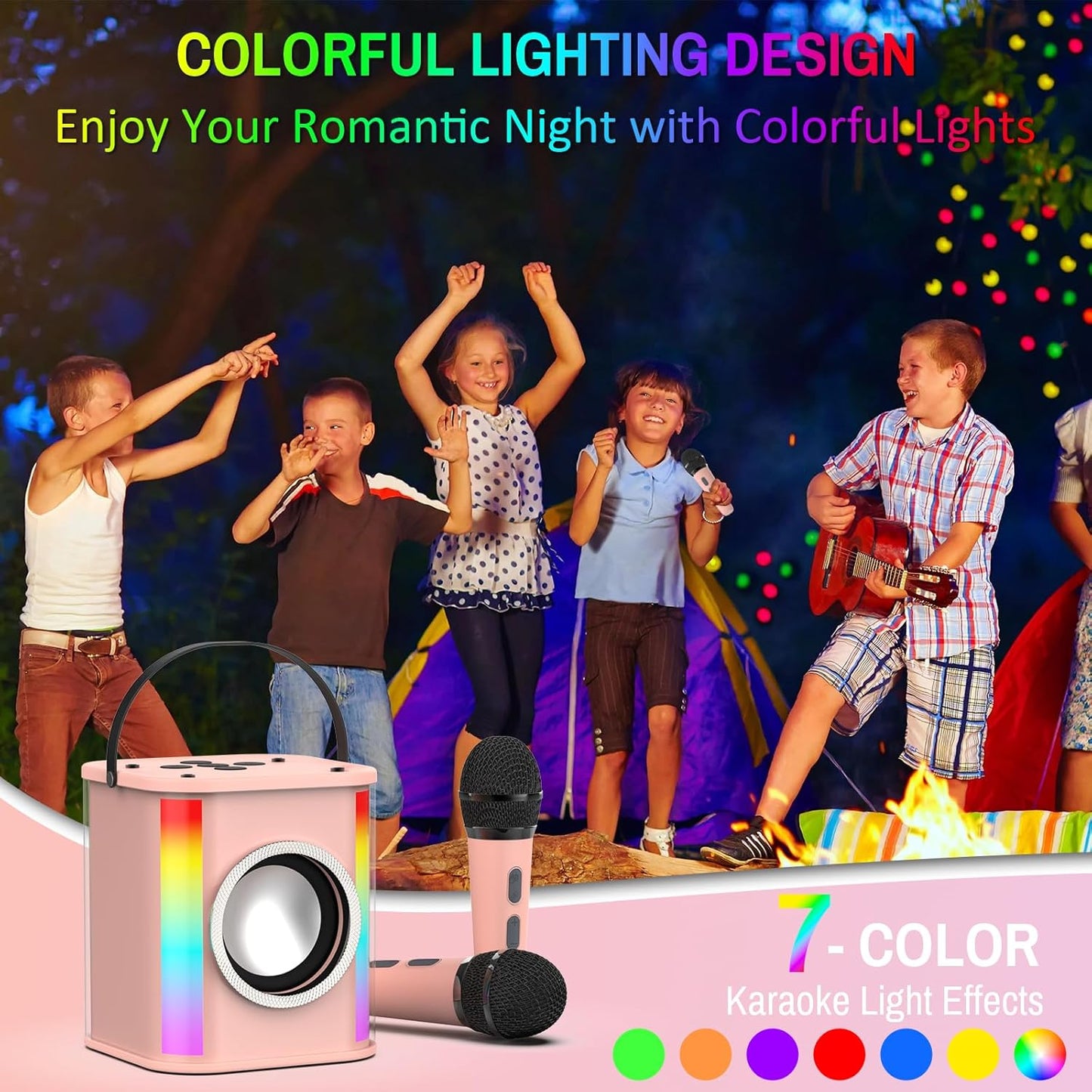 Pink Portable Bluetooth Karaoke Machine with Dynamic Lights & Dual Wireless Mics - Ideal for Home Parties