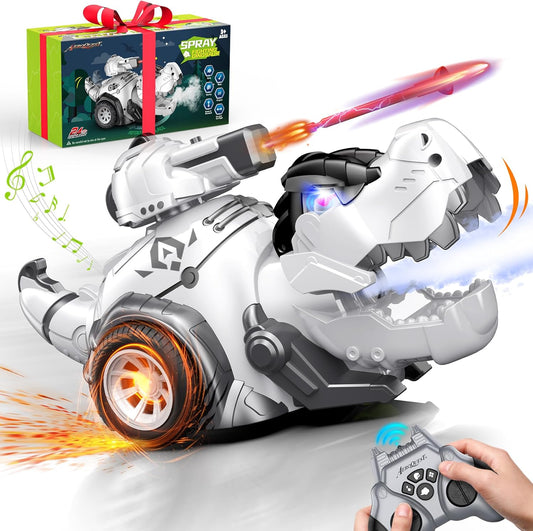 White Dinosaur Remote Control Car with Programmable Actions & Rechargeable Battery for Kids