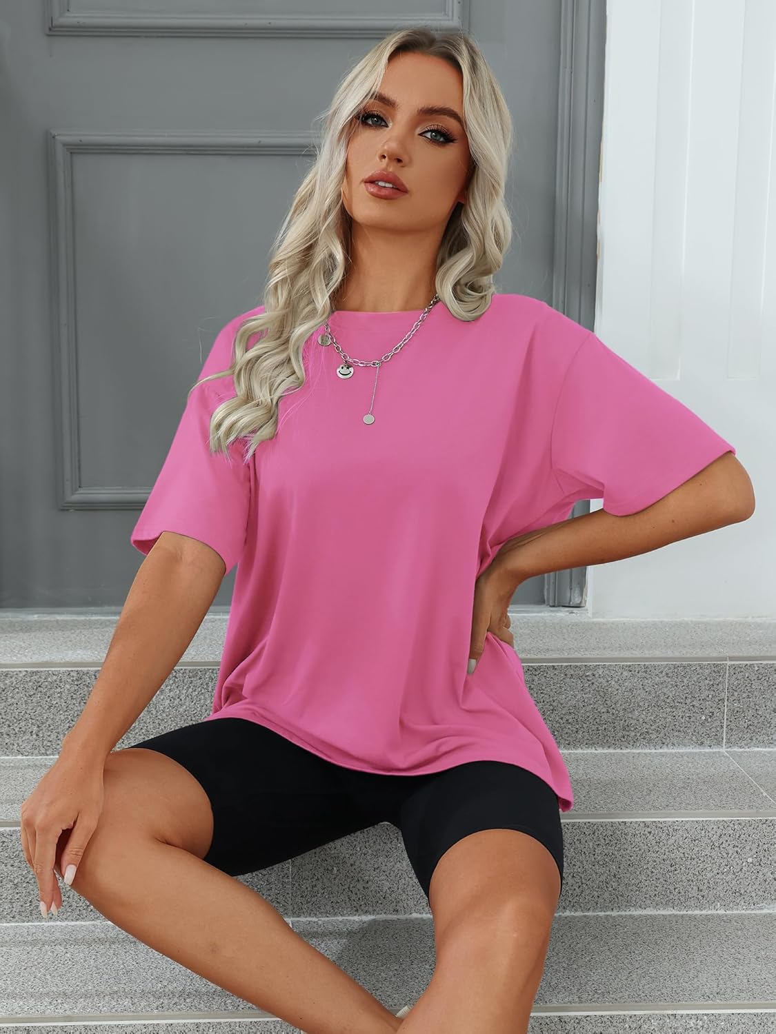 Pink Medium Women's Oversized T-shirt, Short Sleeve Loose Fit Casual Top, Summer Blouse