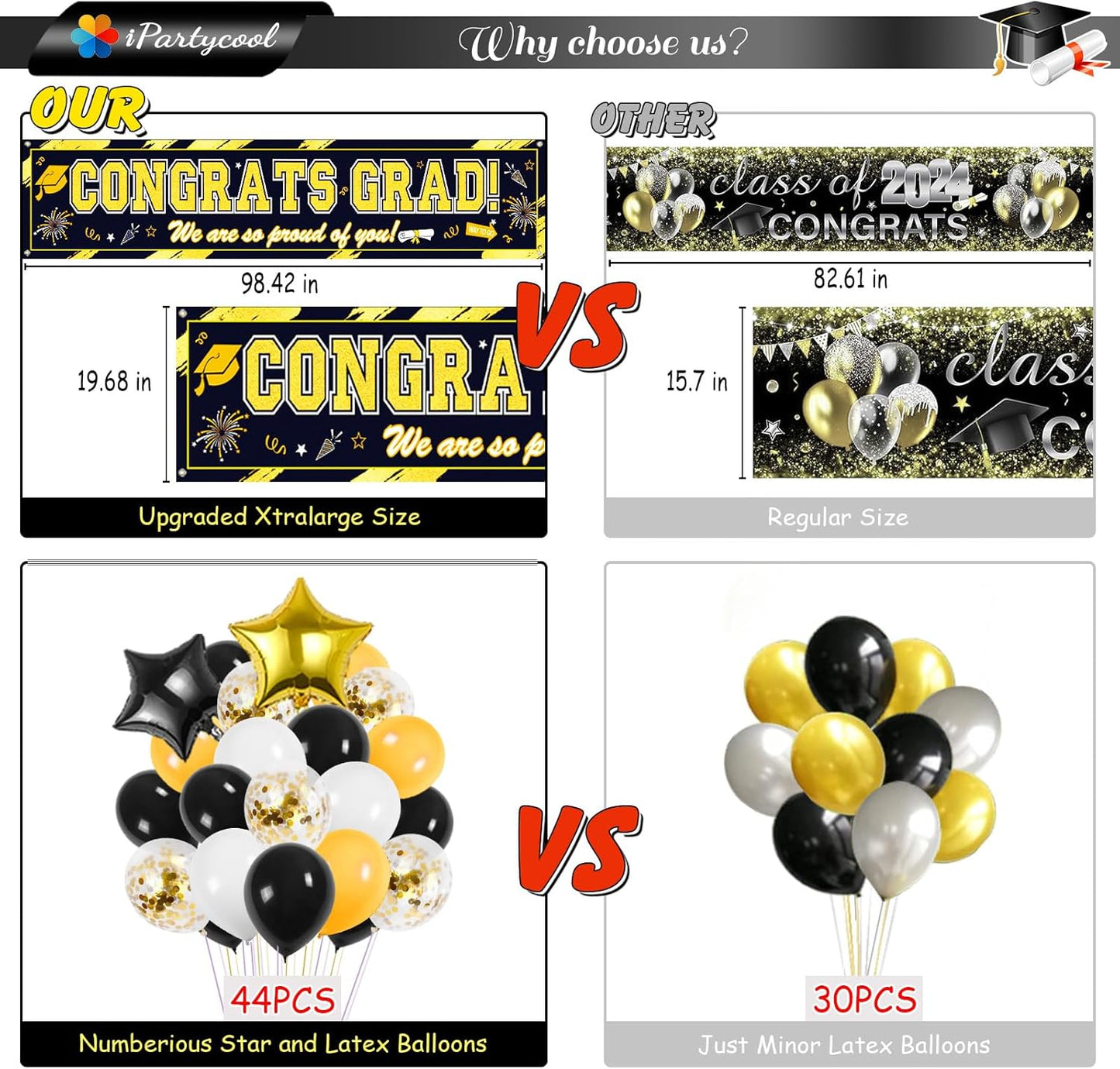 Graduation Yard Sign, Banner, & Balloons Set: Black and Gold Theme, 45 Pieces