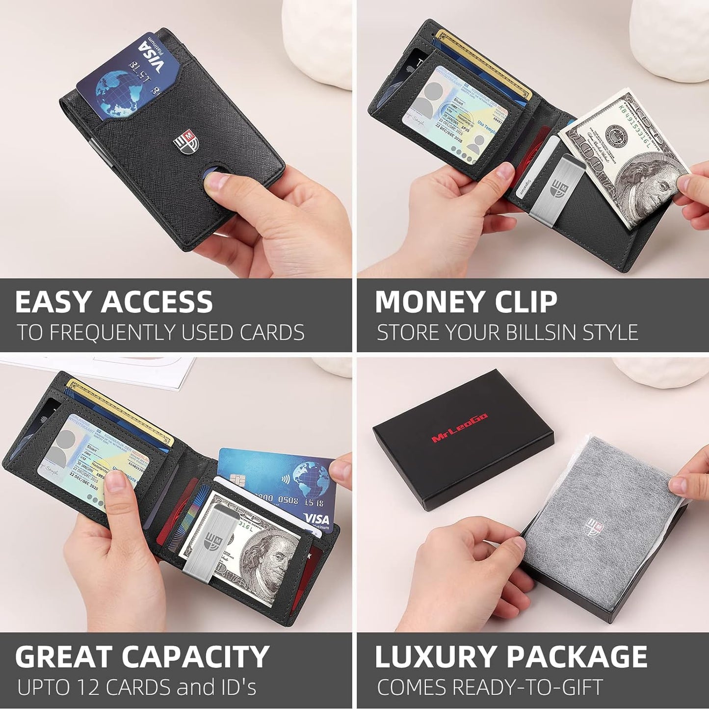 Men's Slim Bifold Leather Wallet with RFID Blocking, 12 Card Slots & Money Clip - Ideal Gift for Special Occasions